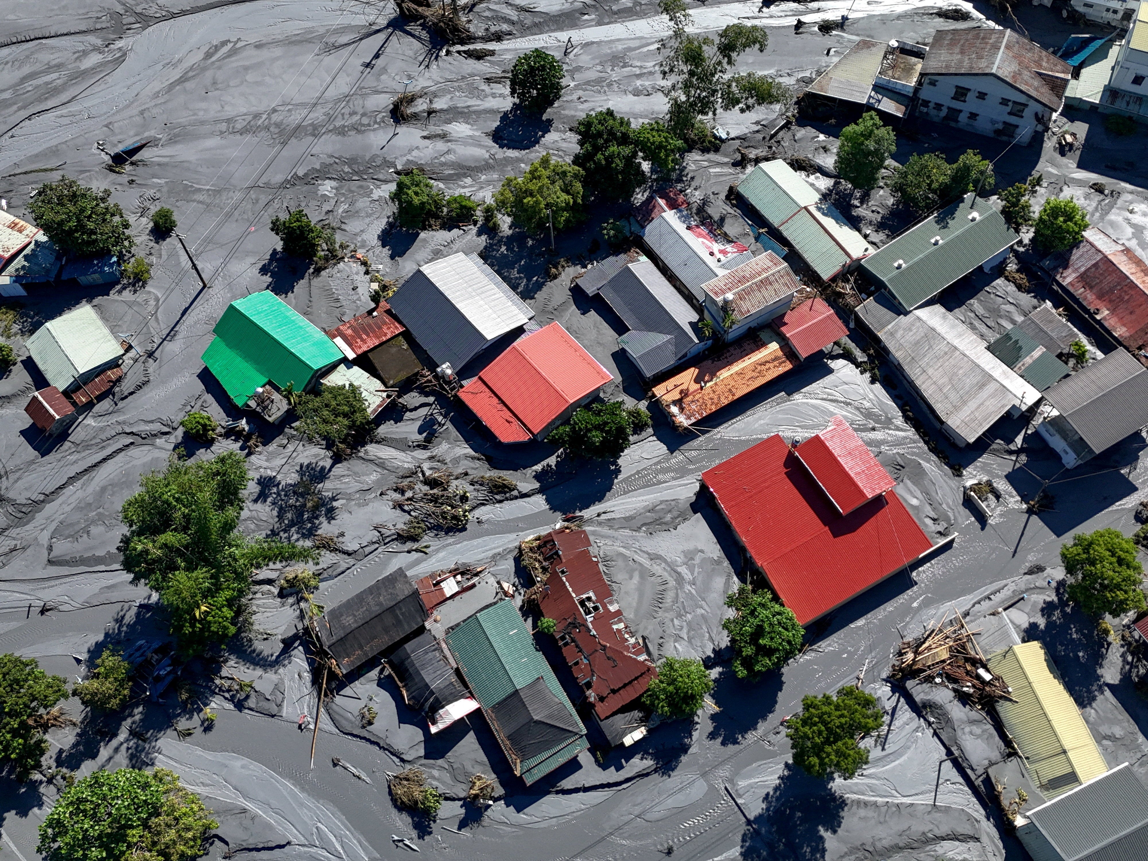A drone view shows mud covering areas of Hualien due to flooding following Ragasa’s passing in Taiwan on 25 September 2025