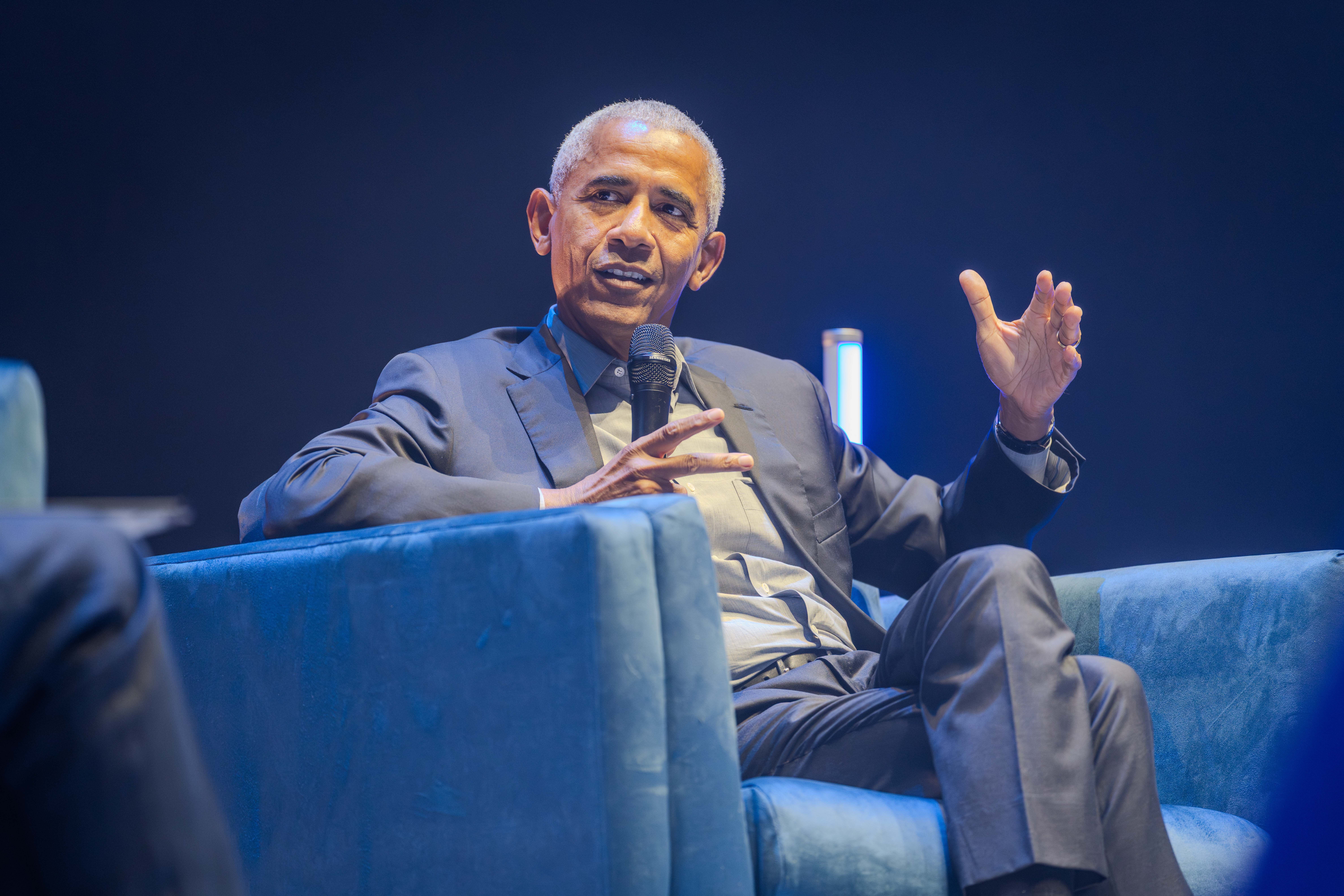 Obama in conversation with David Olusoga at the O2 Arena in London