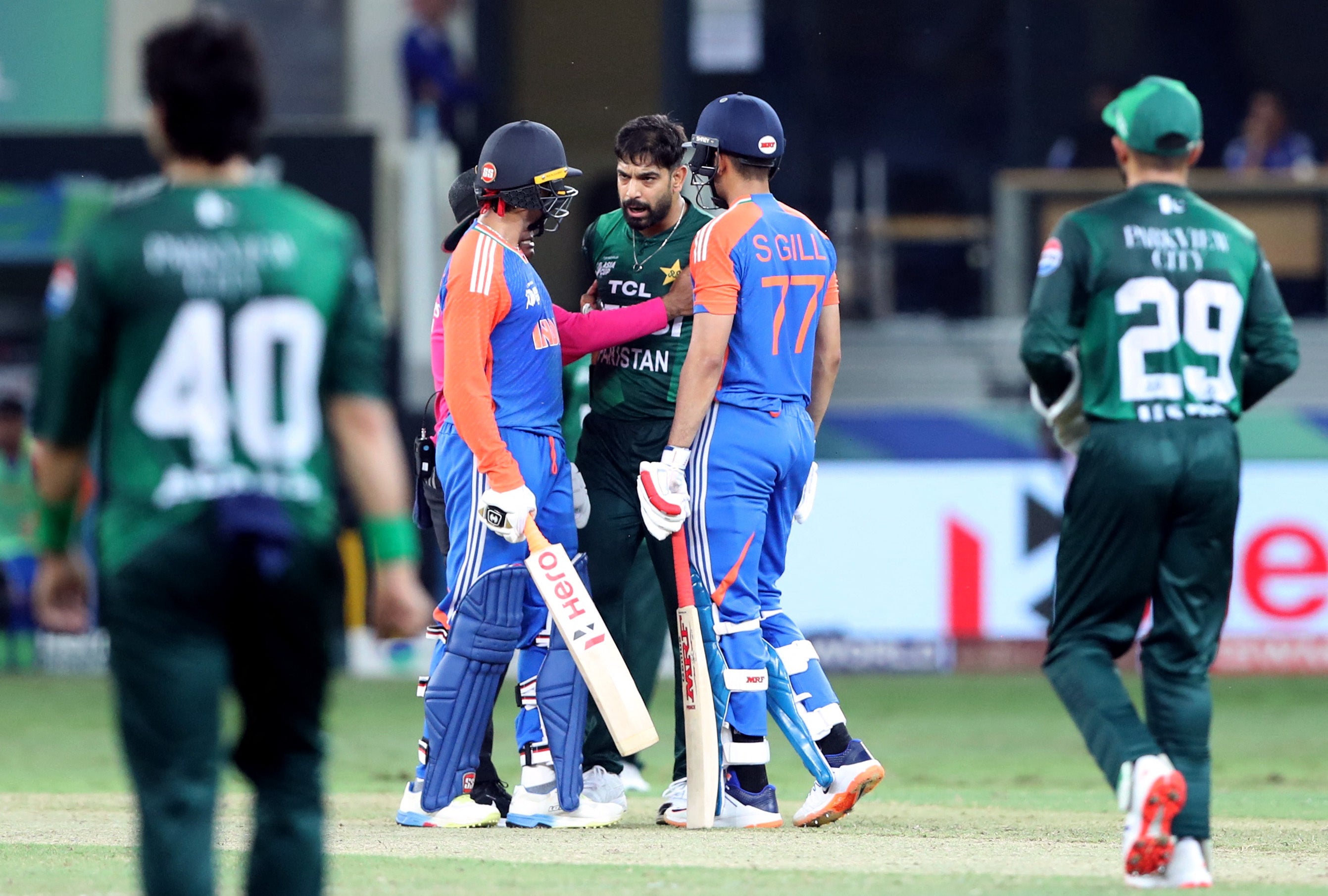 India’s Shubman Gill and Abhishek Sharma clash with Pakistan’s Haris Rauf at International Cricket Stadium, Dubai, United Arab Emirates, 21 September 2025
