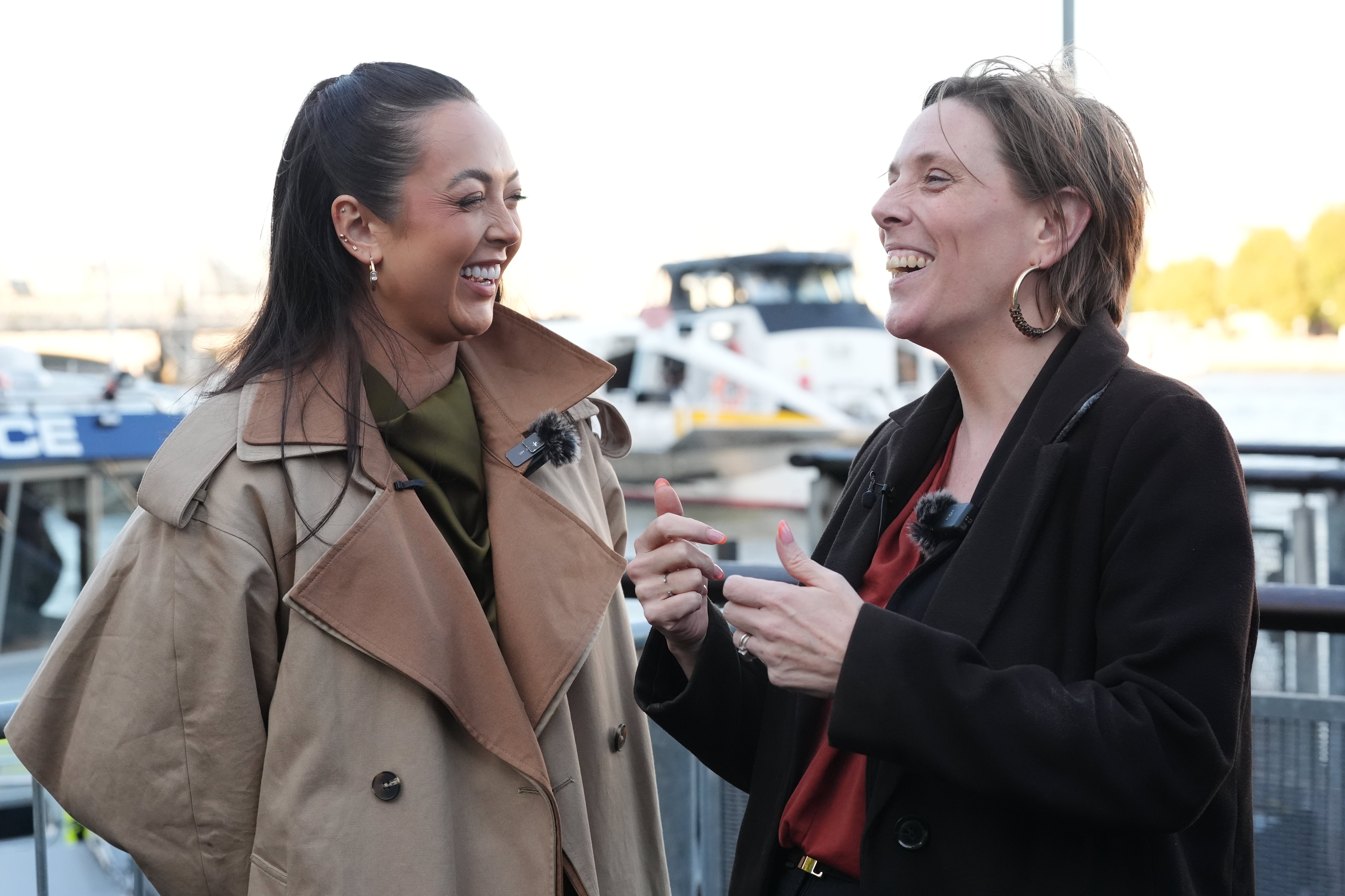 Love Island star Sharon Gaffka (left) speaks to Home Office Minister Jess Phillips after a briefing by the Metropolitan Police