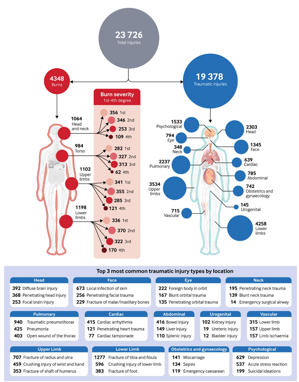 Injuries include those sustained by explosives as well as a significant proportion of gunshot wounds