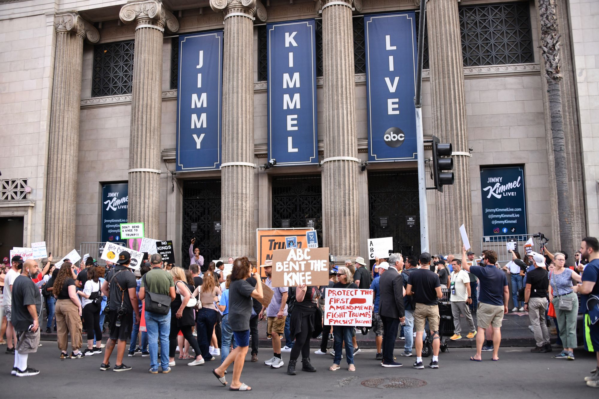 Demonstrators gathered outside Kimmel's LA studio last week to protest the show's suspension
