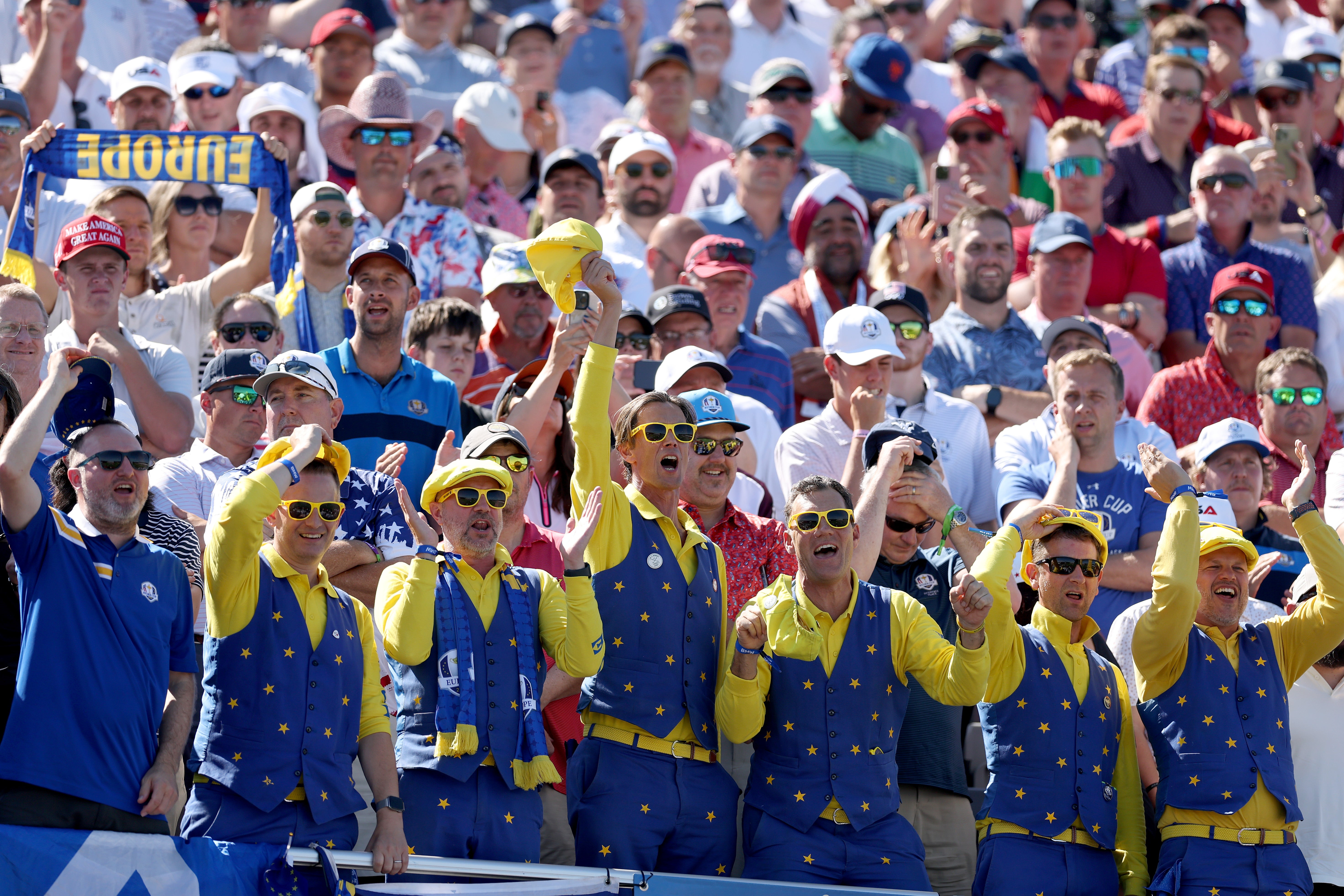 European fans cheer on their team at Bethpage Black