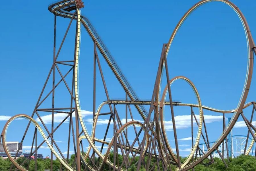 Opening next year, Tormenta Rampaging Run, inspired by Spain’s Running of the Bulls, will be the world’s tallest, fastest, and longest dive coaster