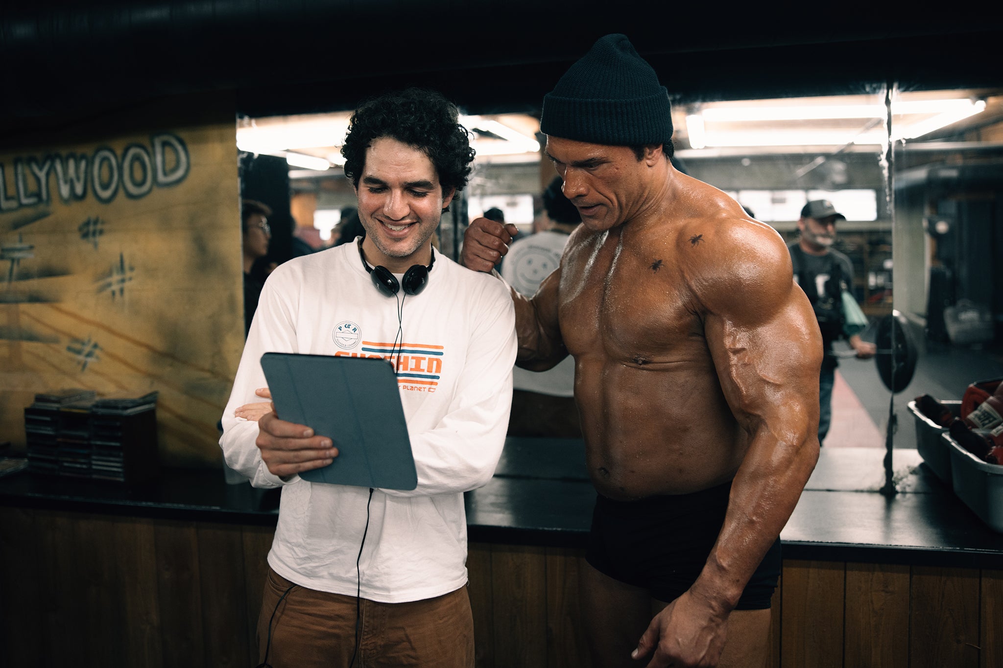 Benny Safdie and Dwayne Johnson on the set of ‘The Smashing Machine’