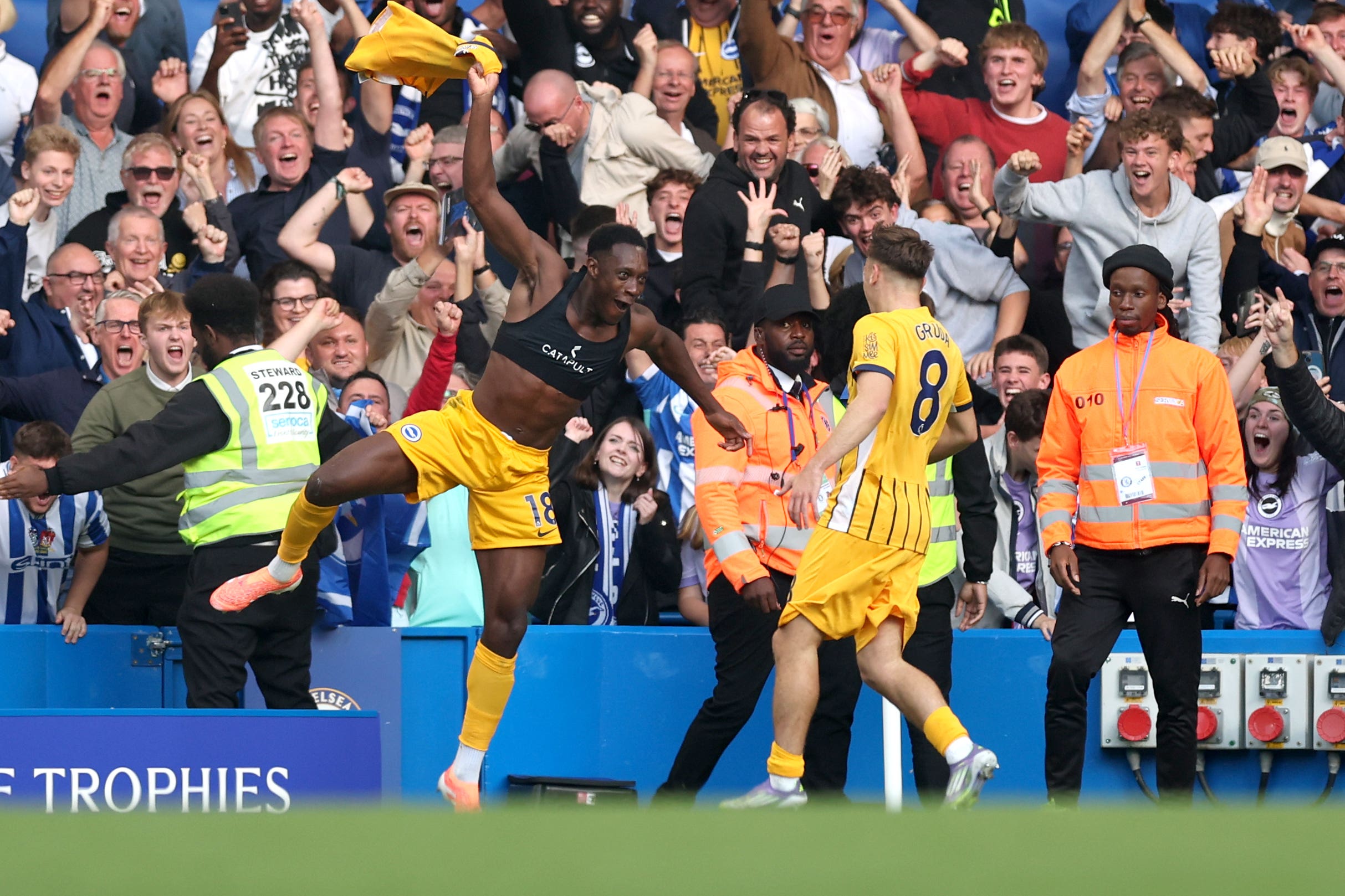 Brighton’s Danny Welbeck celebrated a brace at Chelsea (Steven Paston/PA)