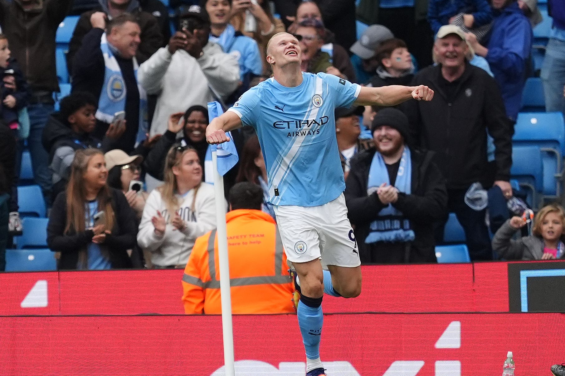 Erling Haaland scored twice in Man City’s win (Martin Rickett/PA)