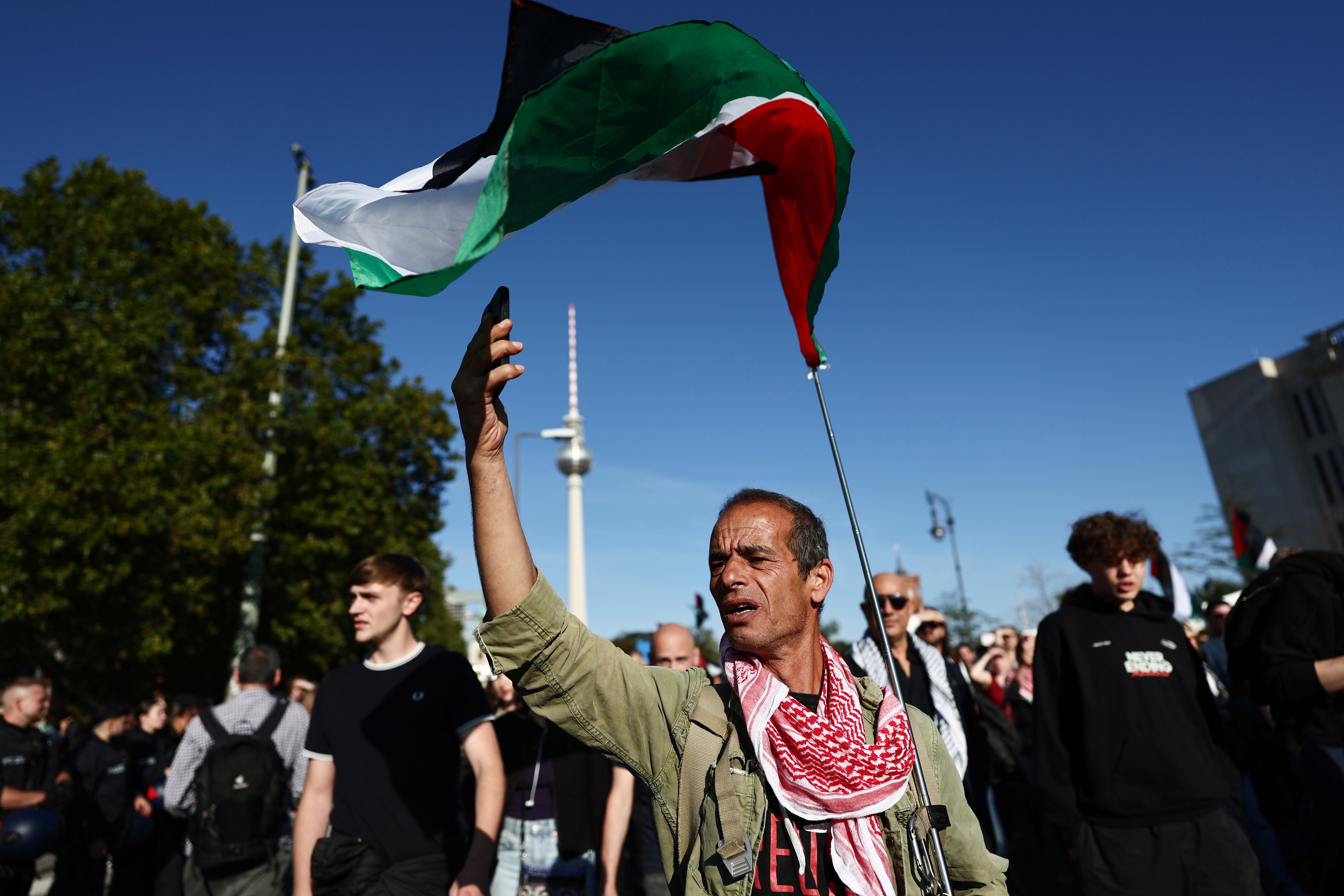 People protest against Israel during a mass demonstration called ‘All Eyes on Gaza’ in support of Palestinians in Berlin, Germany