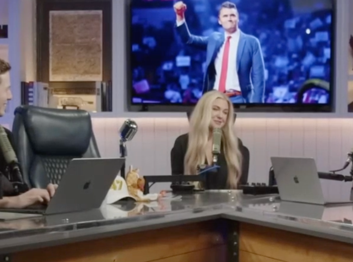 Erika Kirk sits next to husband Charlie’s empty chair as she joins podcast