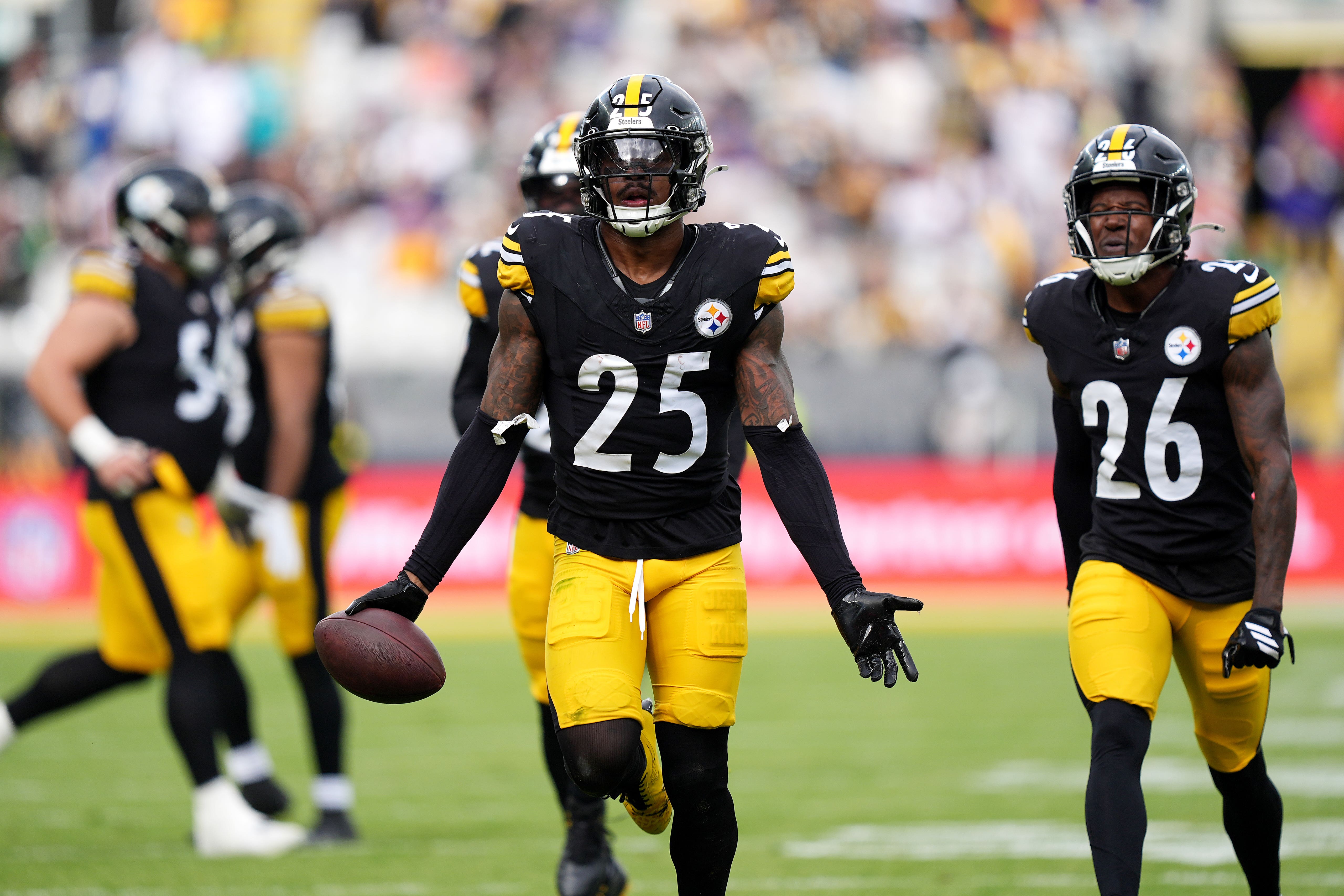 DeShon Elliott celebrates an interception score for the Pittsburgh Steelers against the Minnesota Vikings in Dublin (Niall Carson/PA)