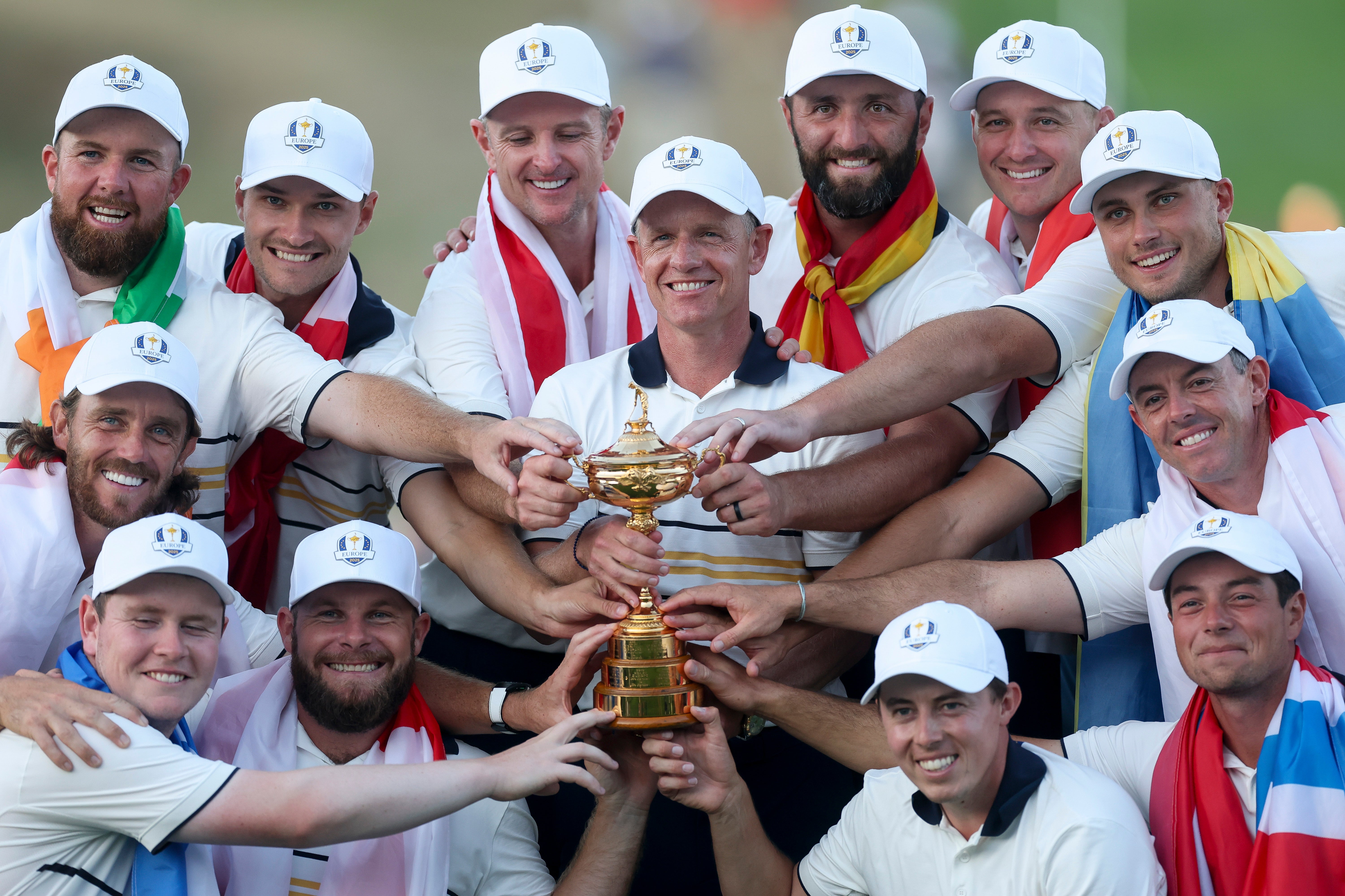 Team Europe celebrate with the trophy after victory at Bethpage Black