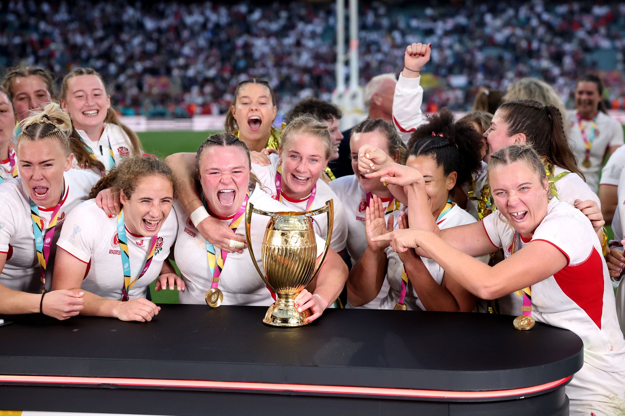 Abby Dow (second left) helped England to World Cup glory