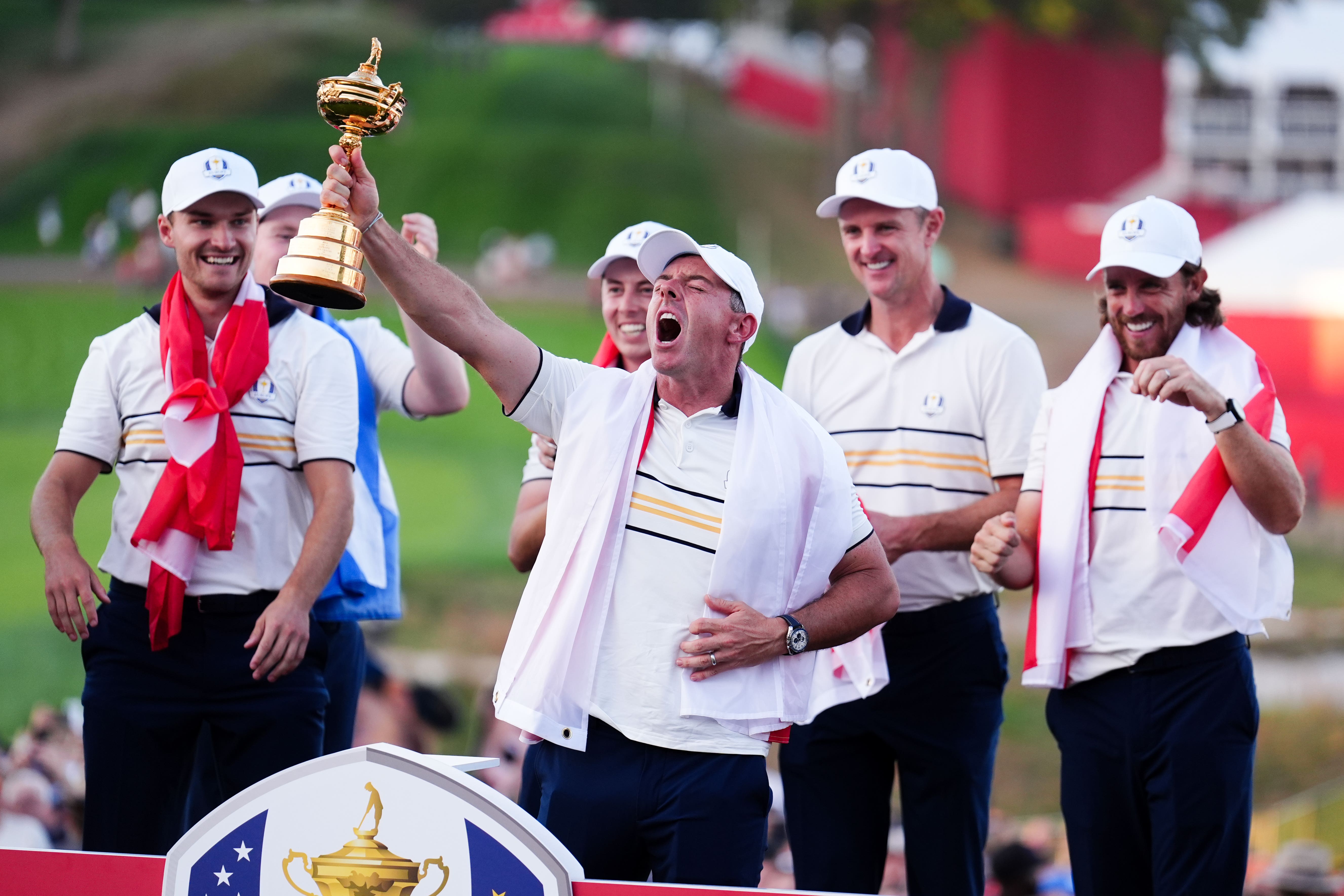 Rory McIlroy and Team Europe celebrate with the Ryder Cup (Mike Egerton/PA)