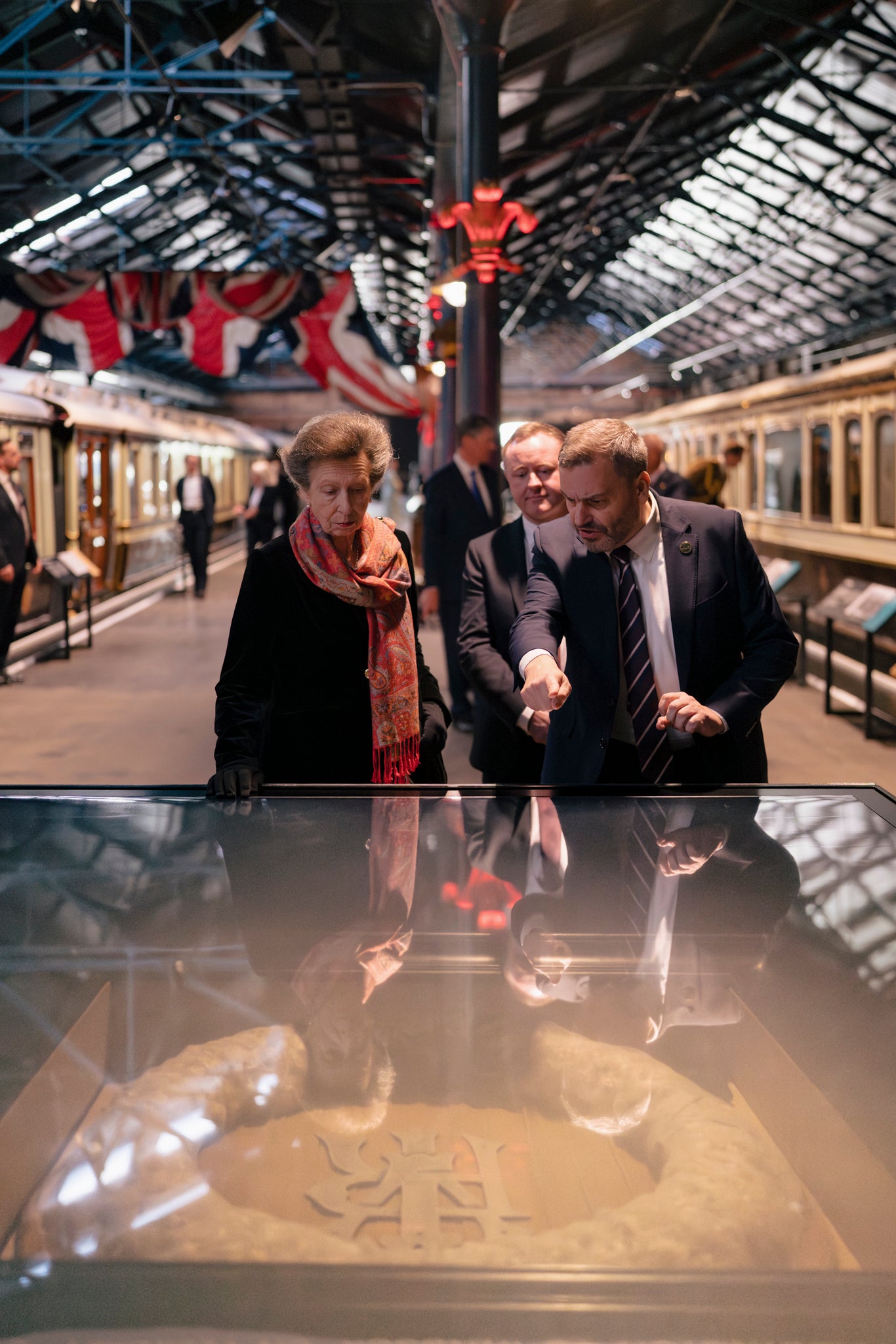 Princess Anne with museum director Craig Bentley and head curator Andrew McLean with Queen Victoria's funeral wreath in Station Hall