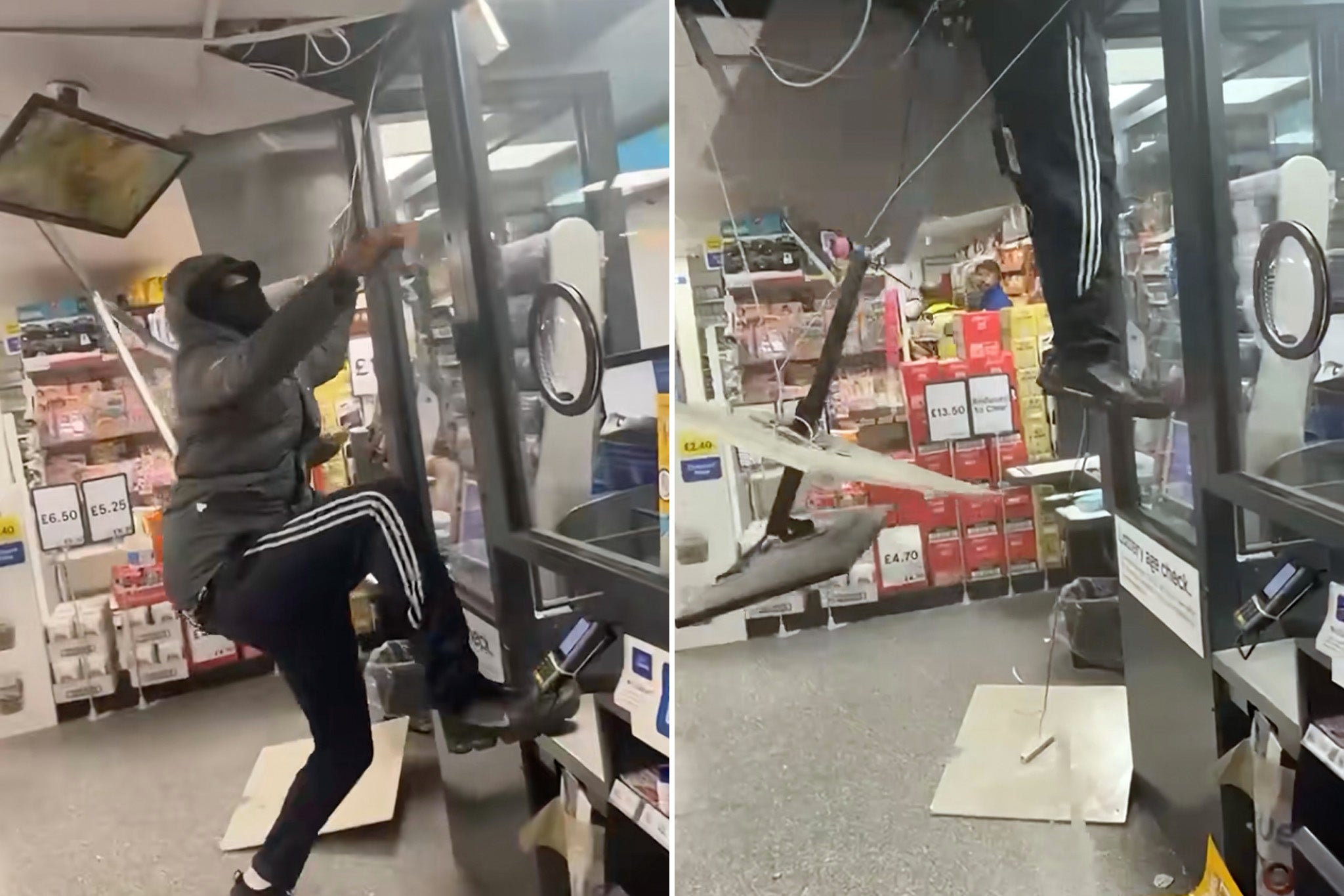 A shoplifter goes through the roof panels in a branch of Tesco