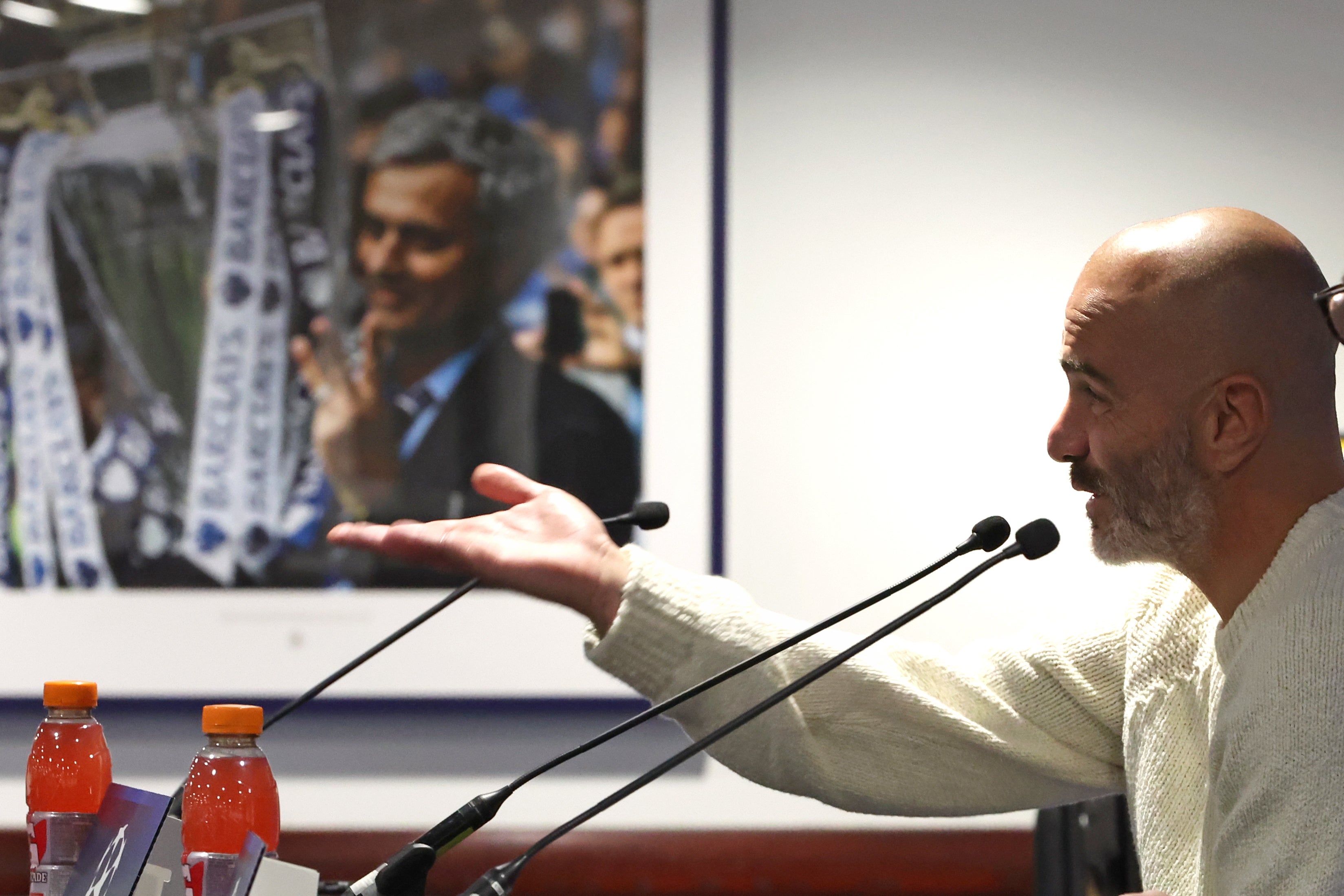 Enzo Maresca was overlooked by images of Mourinho as he spoke to the media