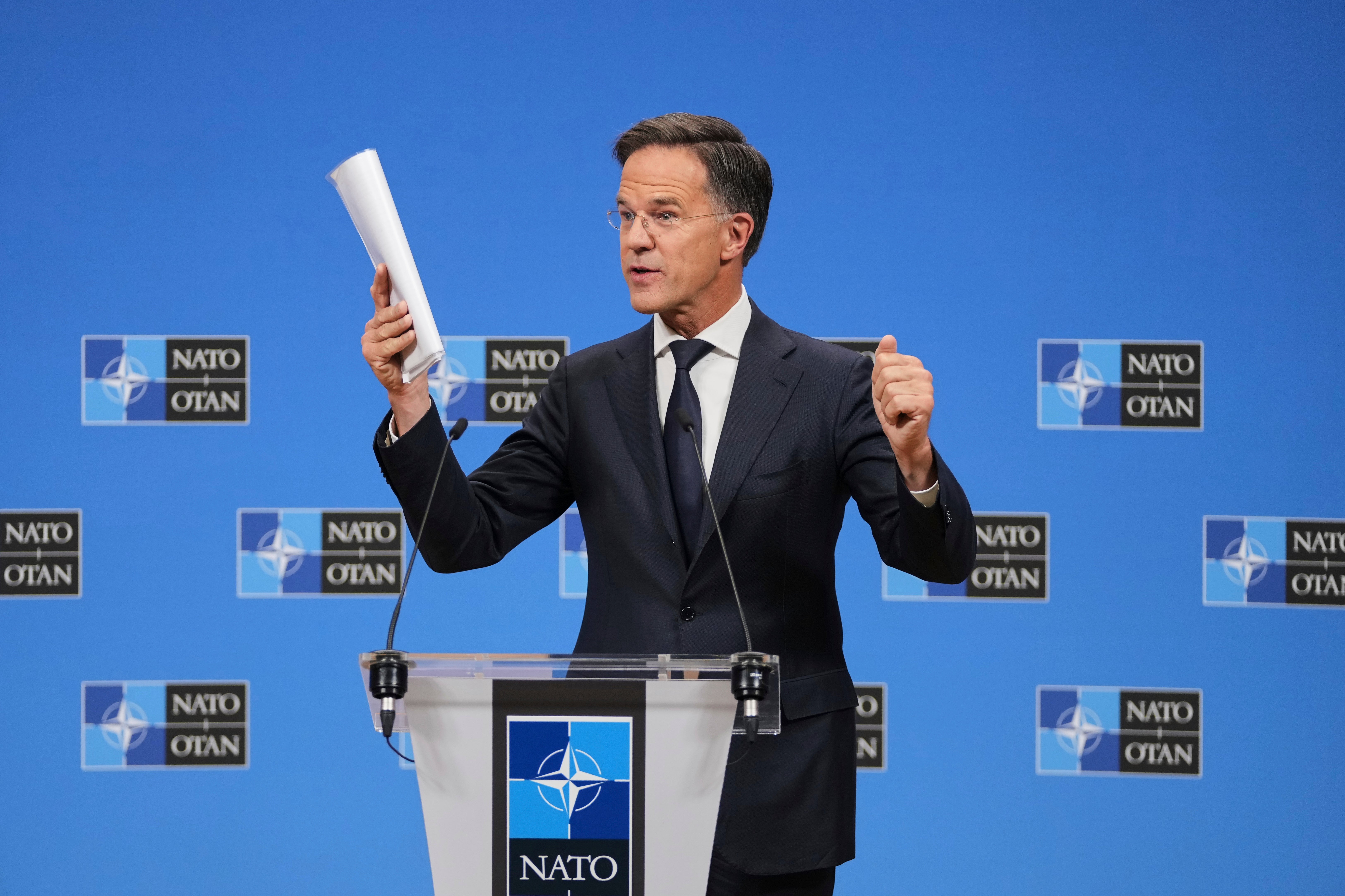 NATO Secretary General Mark Rutte speaks during a media conference at NATO headquarters in Brussels, Tuesday, Sept. 23, 2025. (AP Photo/Virginia Mayo)