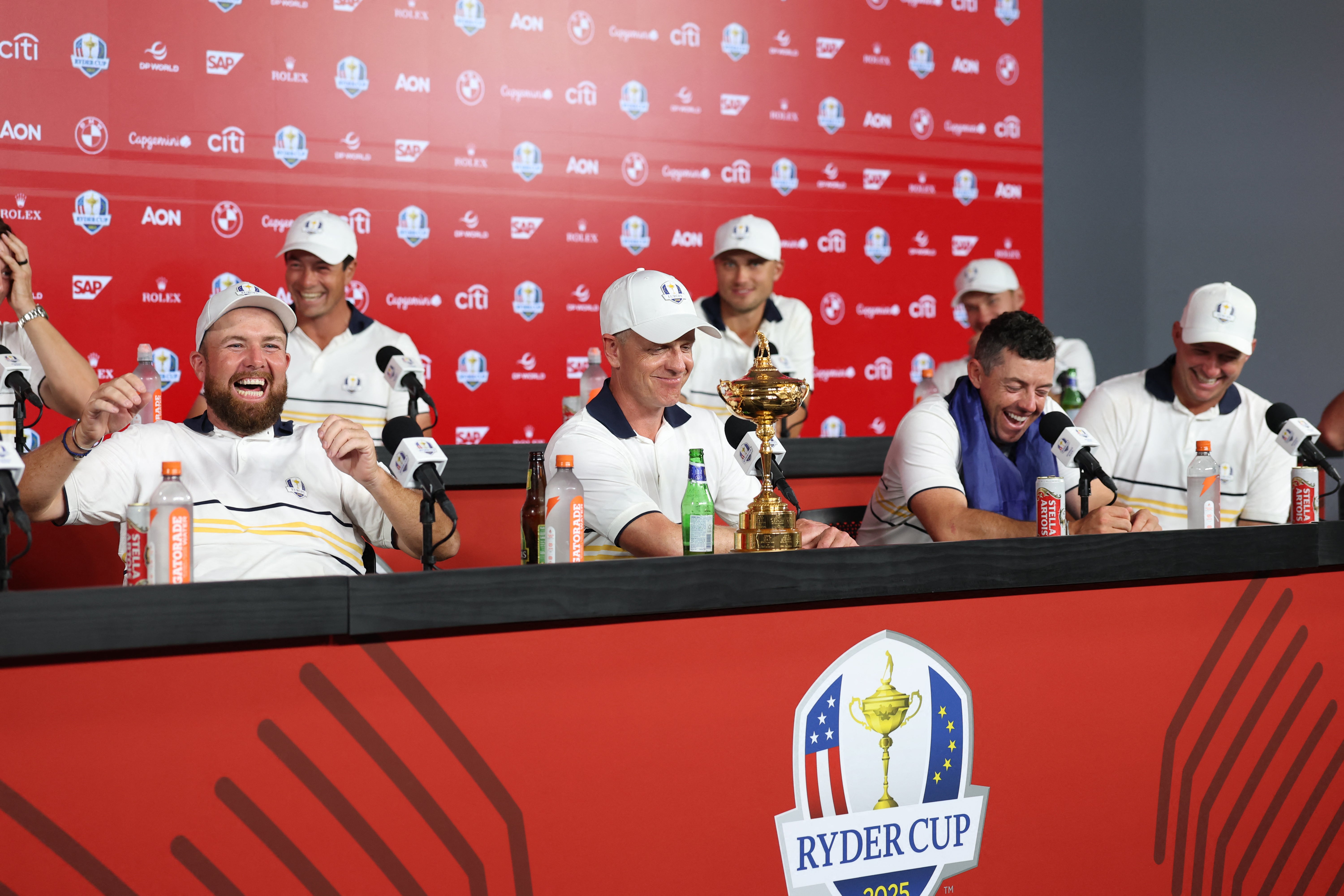 The European players laugh during the winners’ press conference
