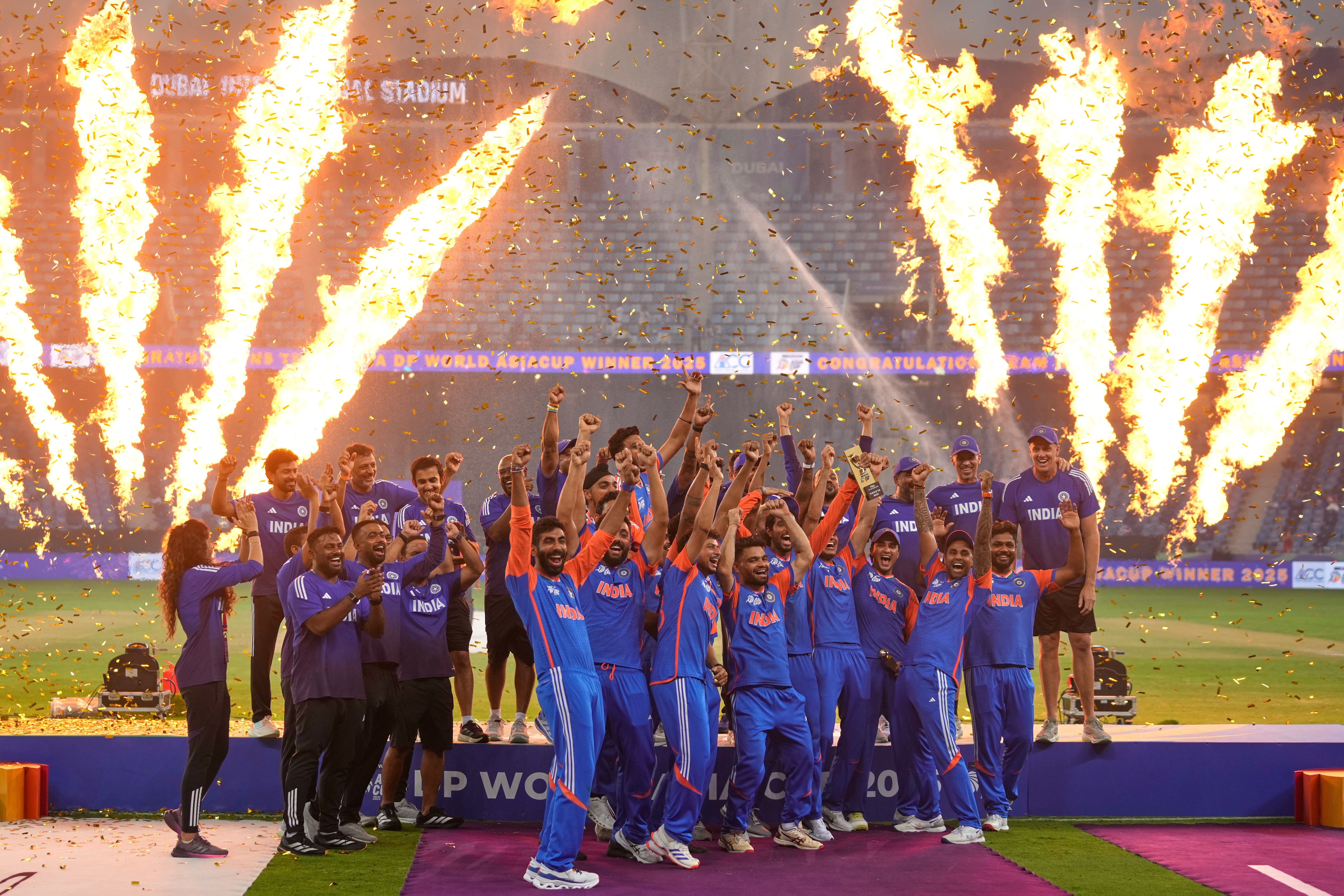 Team India celebrates after winning the Asia Cup cricket final against Pakistan at Dubai International Cricket Stadium, United Arab Emirates, Sunday