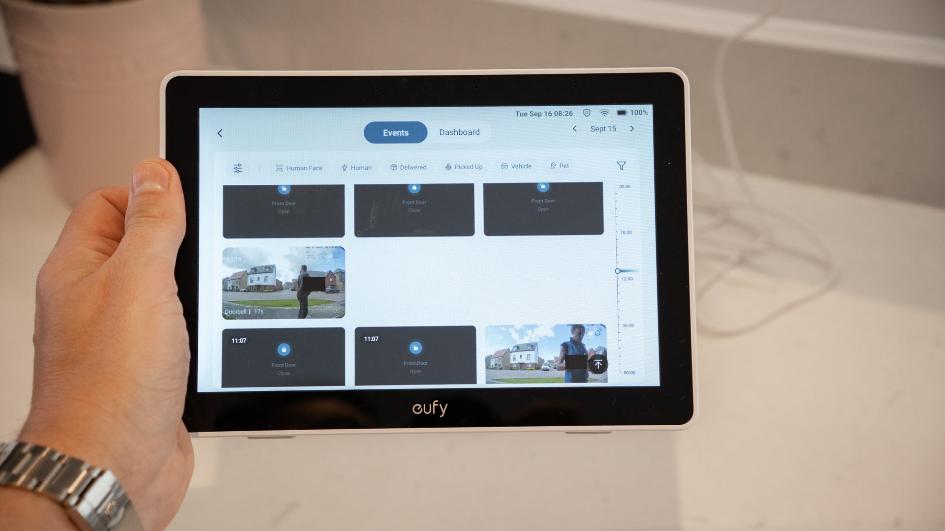 The E10 has an integrated battery and kickstand, plus a charging dock