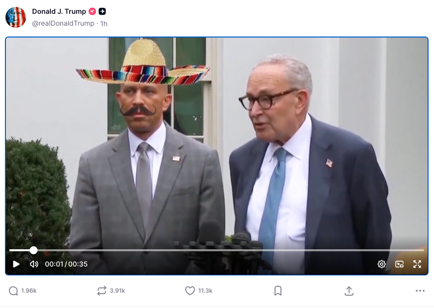 Trump had previously posted a deepfake clip of Jeffries wearing a sombrero and handlebar mustache as he stood alongside a deepfake Senate Minority Leader Chuck Schumer who said, ‘nobody likes Democrats anymore’