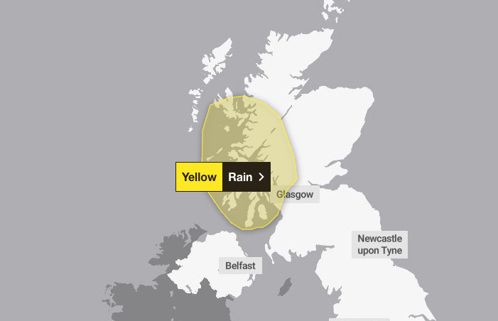 The Met Office has issued a 37-hour yellow rain warning for western Scotland
