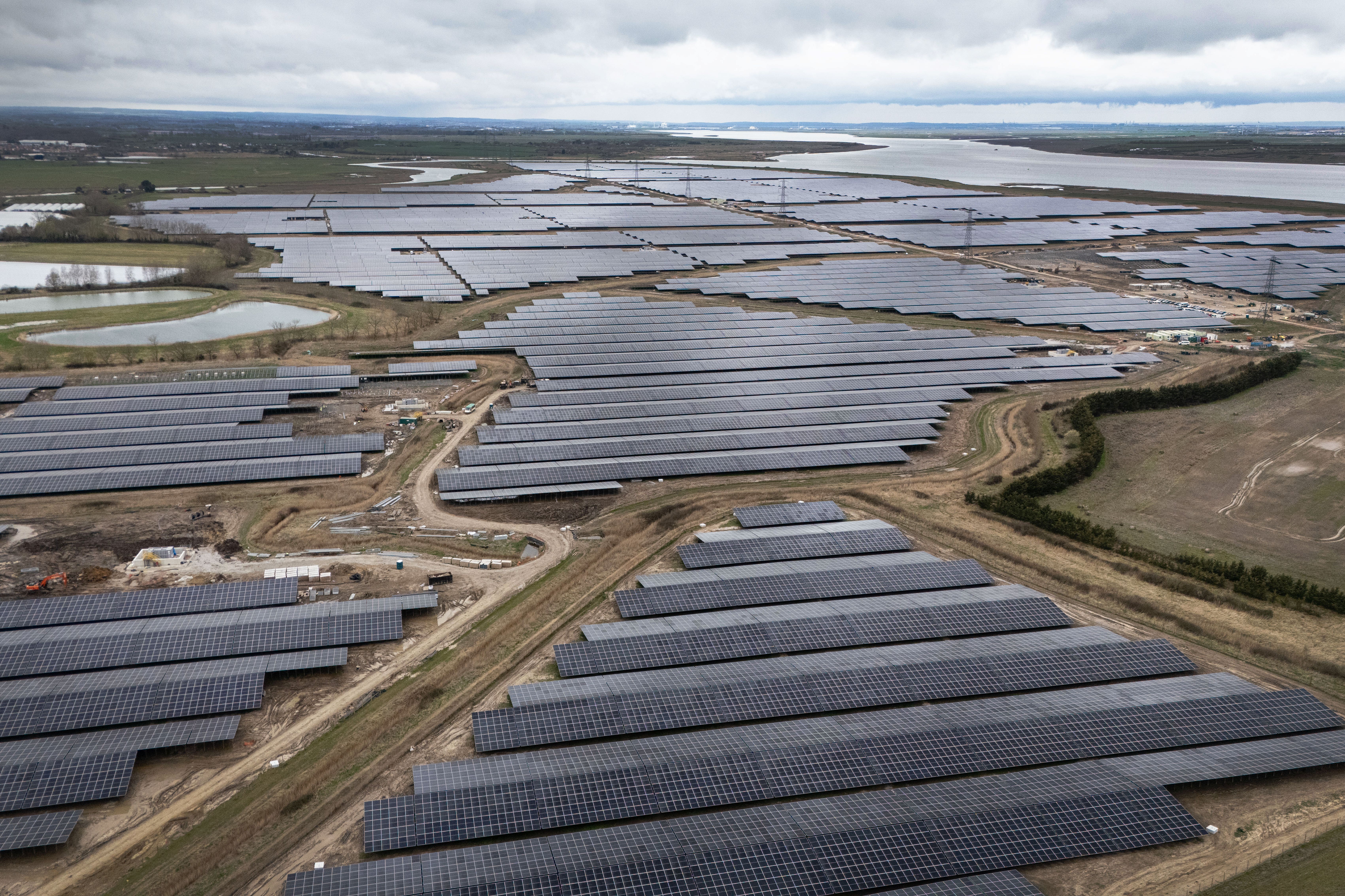 A general view of Cleve Hill Solar Park, the UK’s largest solar and battery storage project under construction near Faversham in Kent (Gareth Fuller/PA)