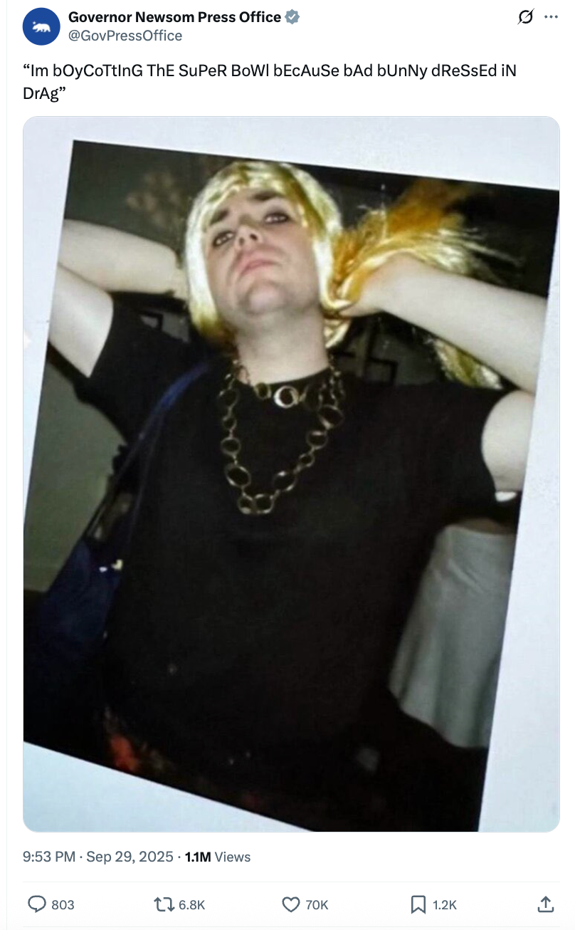 Gavin Newsom’s official press office X account has trolled MAGA’s reaction to news that Bad Bunny will headline the 2026 Super Bowl halftime show by sharing a throwback picture of Vice President JD Vance