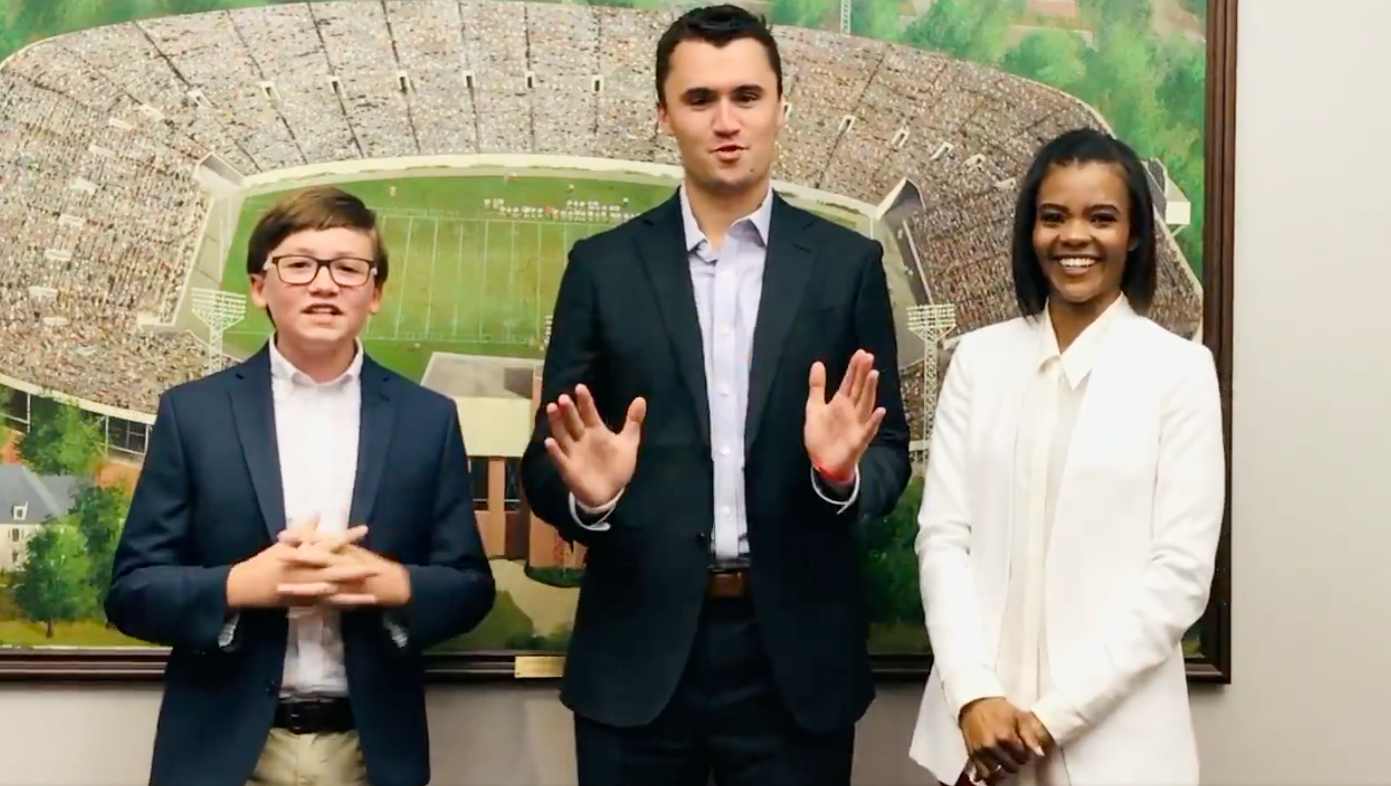 Hollyhand (left) also hit back at those claiming he was a ‘new comer,’ having started a political podcast – ‘The Brilyn Hollyhand Show’ – when he was just 11-years old, and has hosted Kirk (center) and fellow right-wing influencer Candace Owens (right)