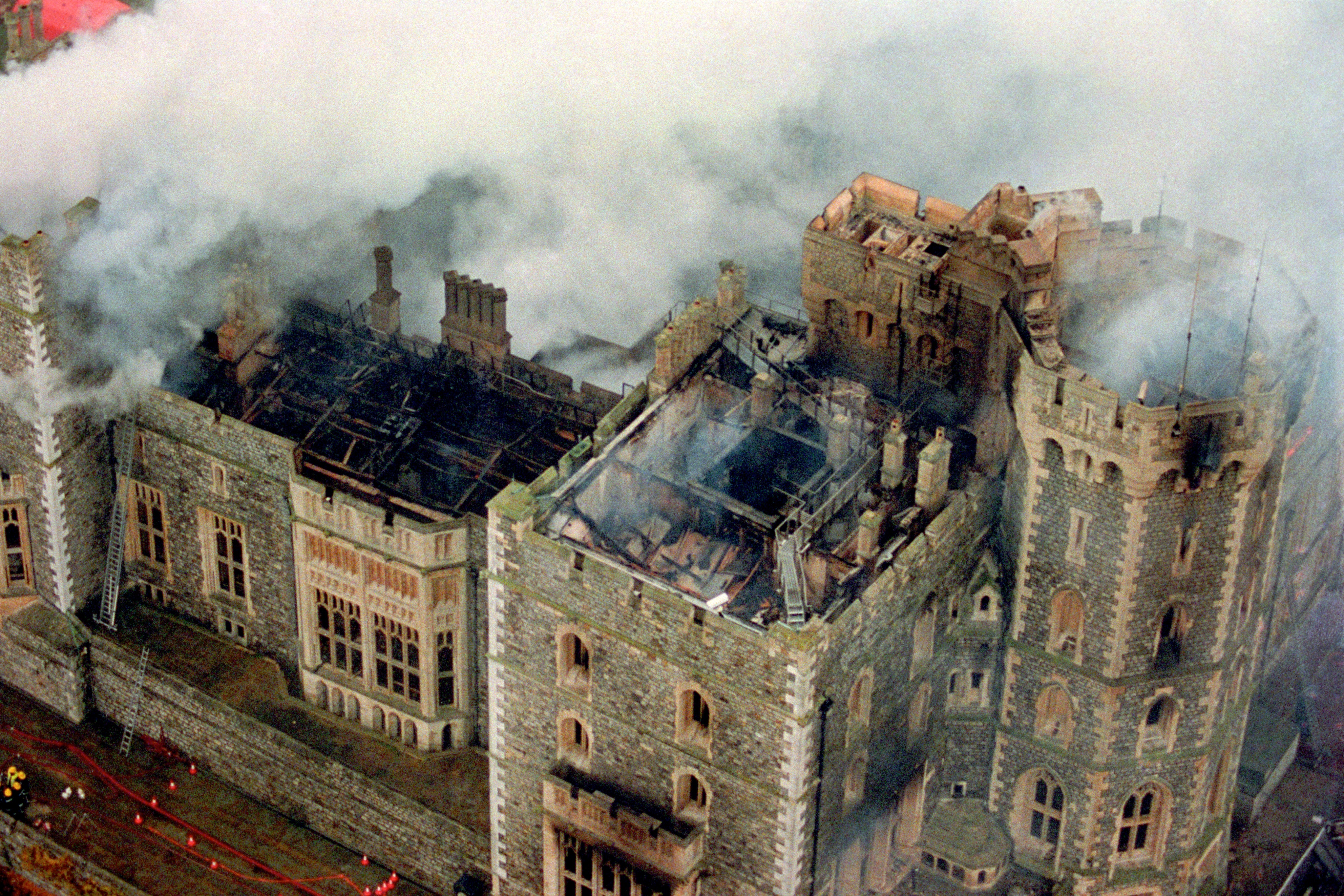 An aerial view of Windsor Castle showing the damage caused by the fire