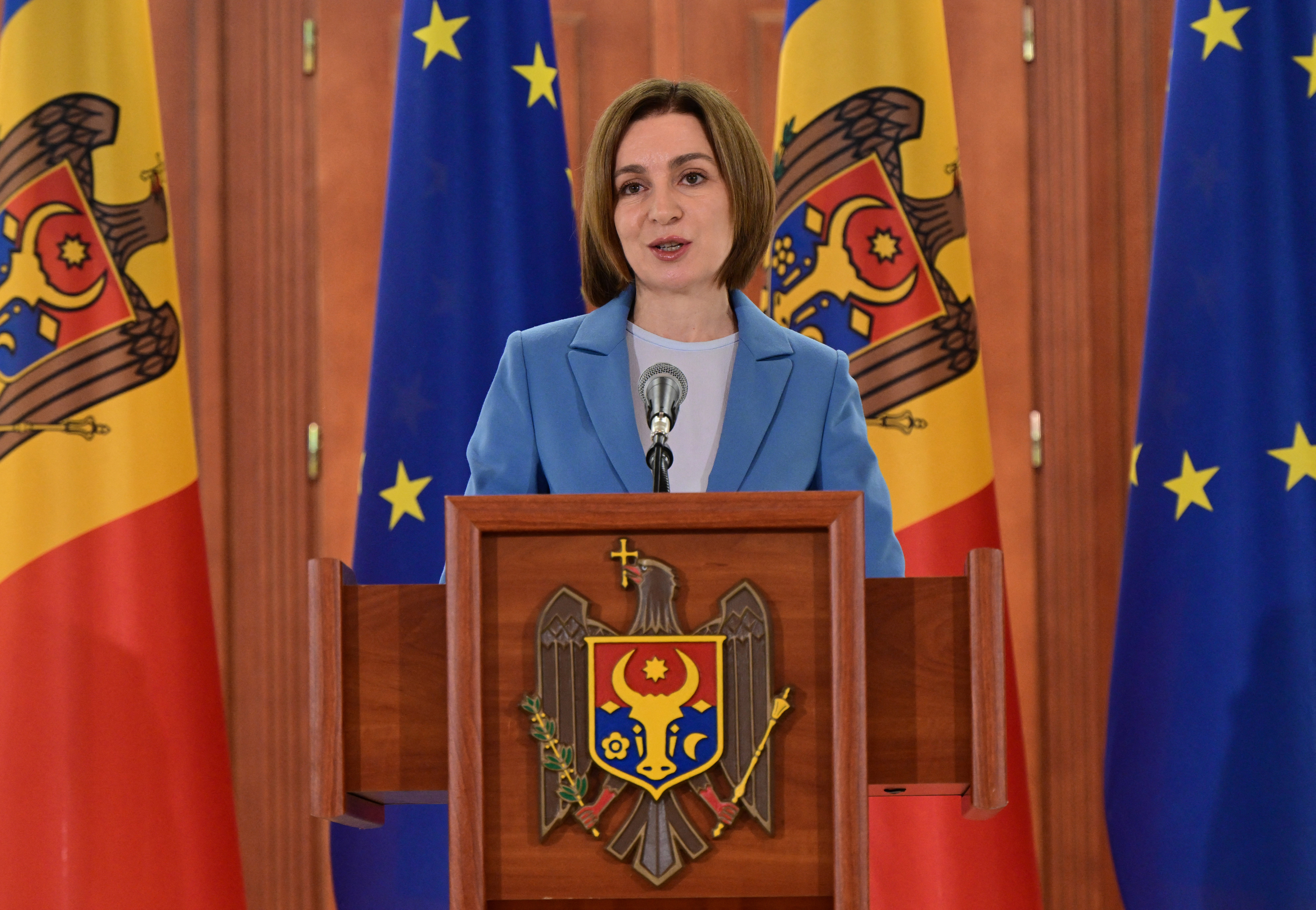 Moldova’s president Maia Sandu delivers remarks during a press conference at the presidency headquarters in Chisinau earlier this week
