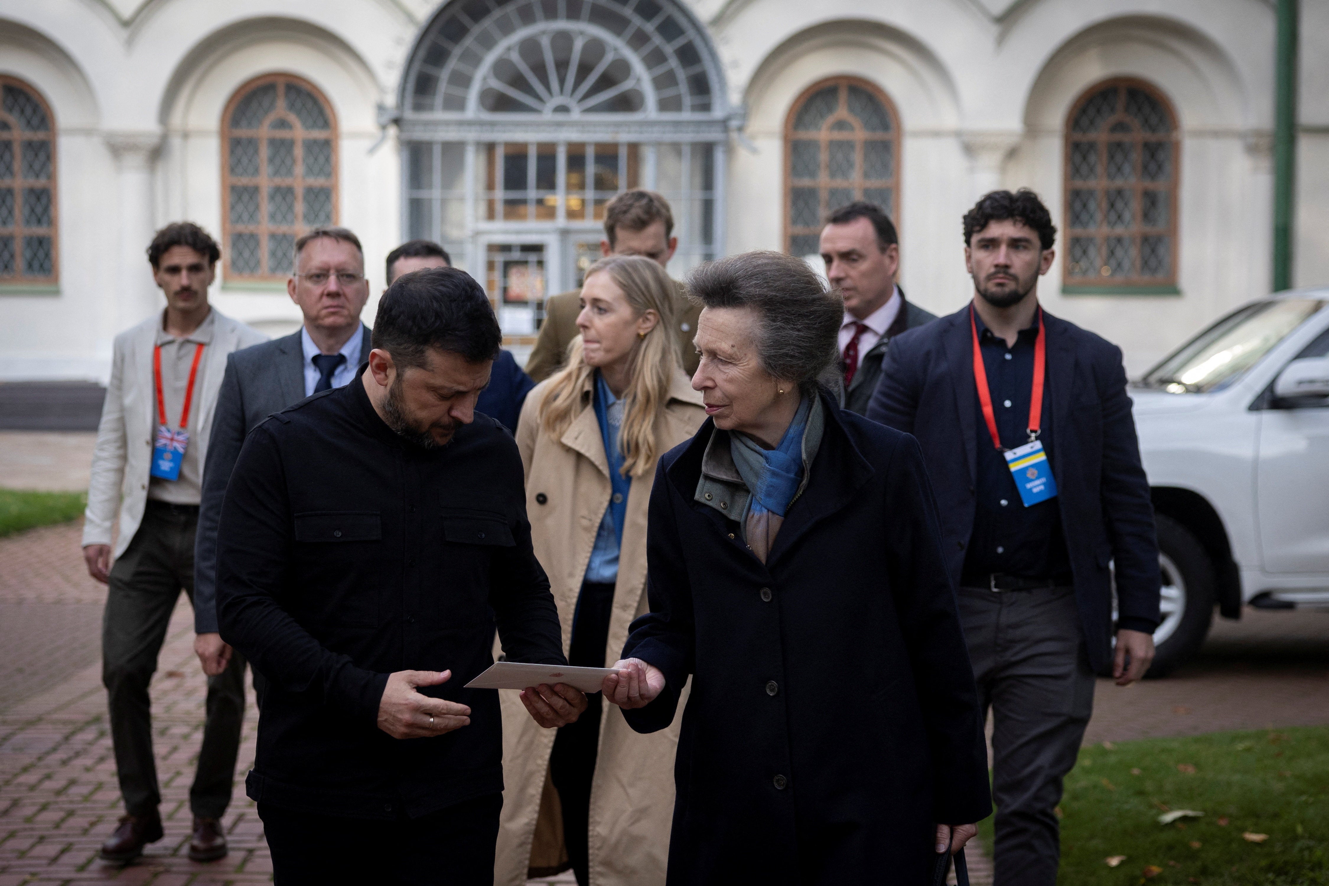 Anne hands a letter to President Zelensky during a meeting at St Sophia’s Cathedral in Kyiv