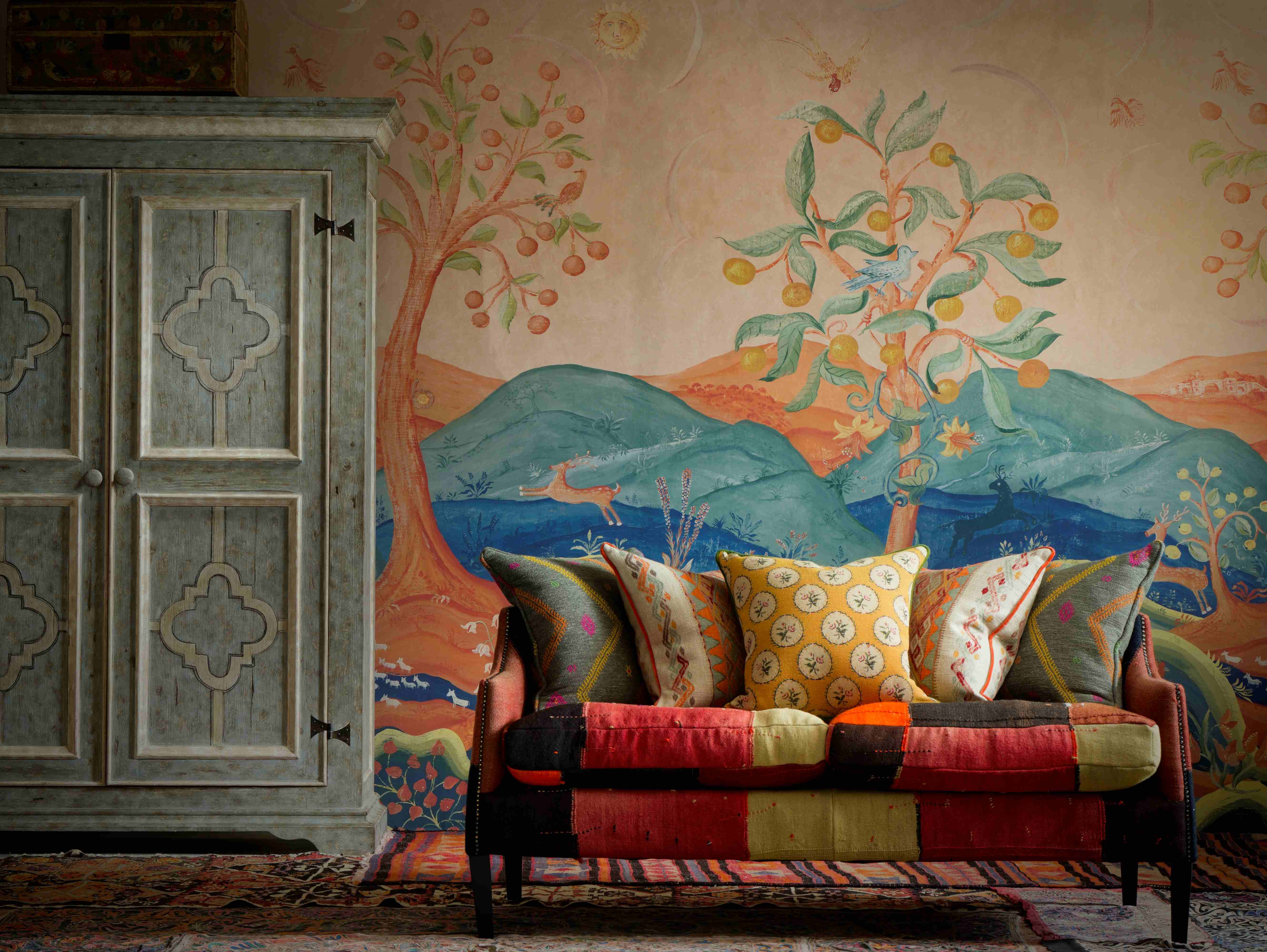 Scenic panoramic mural wallpaper with folkloric landscape by Andrew Martin, featured during London Design Festival 2025