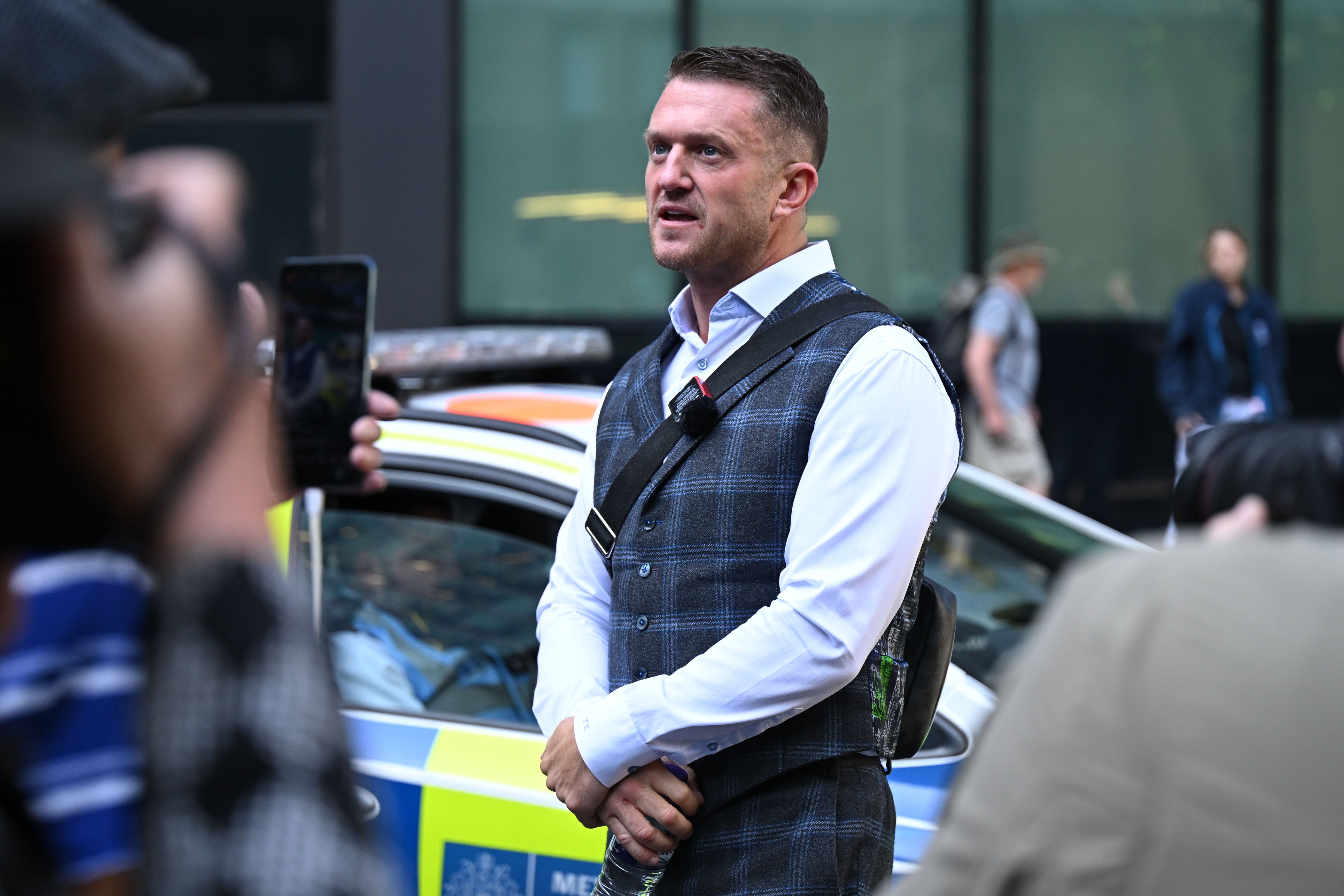 Tommy Robinson outside Southwark Crown Court in July