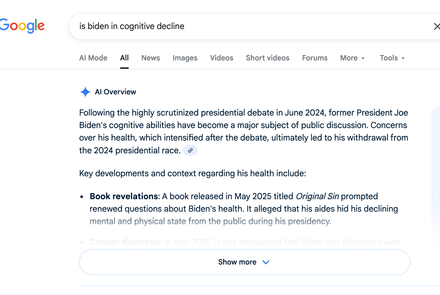 Inputting exactly the same query but for Biden, Google’s AI Overview responds with a summary