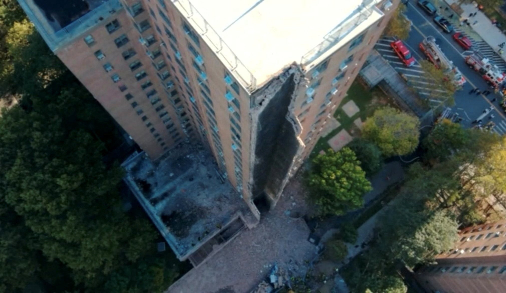 An aerial view of a partially collapsed building