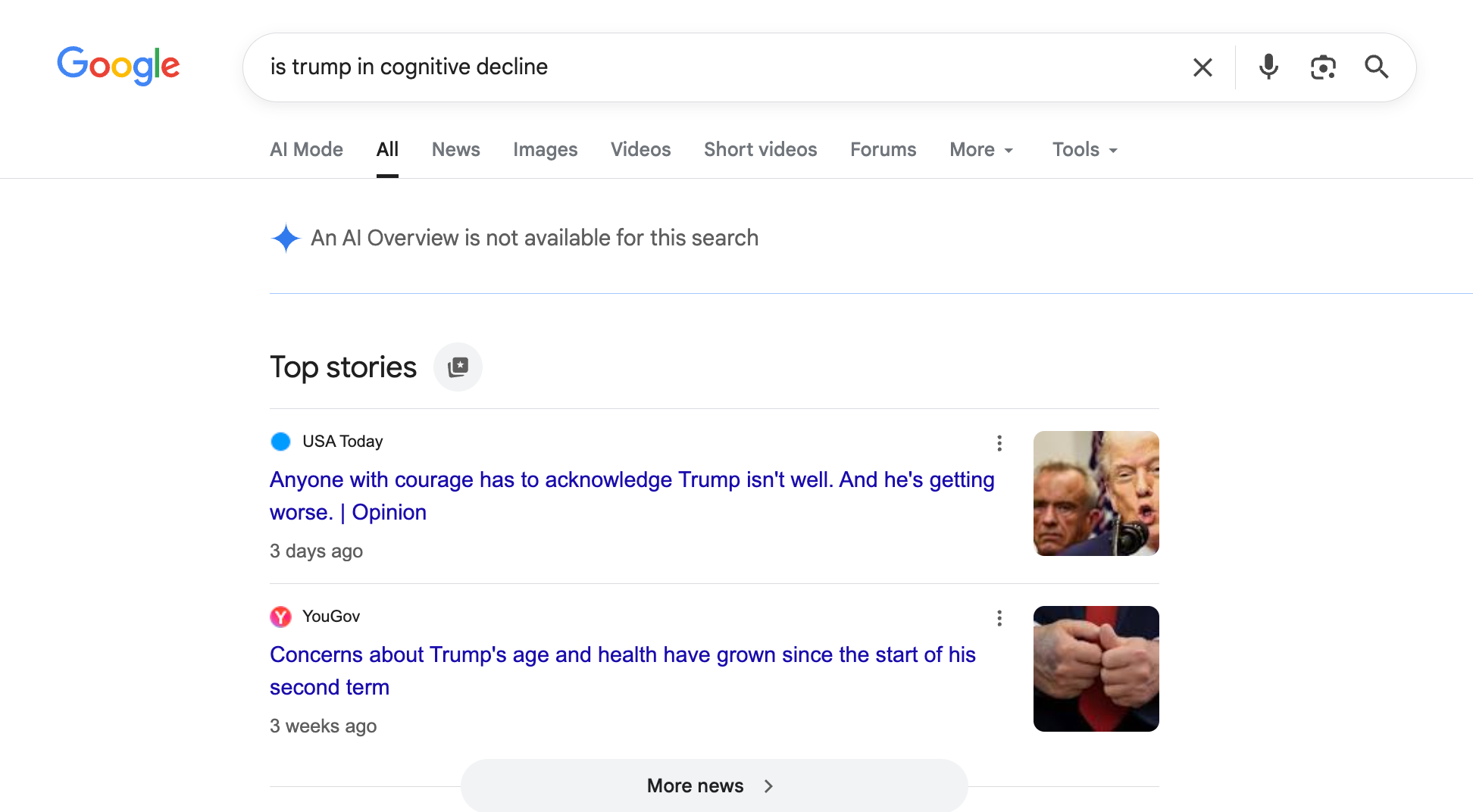 When The Independent searched ‘is trump in cognitive decline,’ Google’s AI Overview tool, which automatically appears at the top of any search, displayed a message saying: ‘An AI Overview is not available for this search.’
