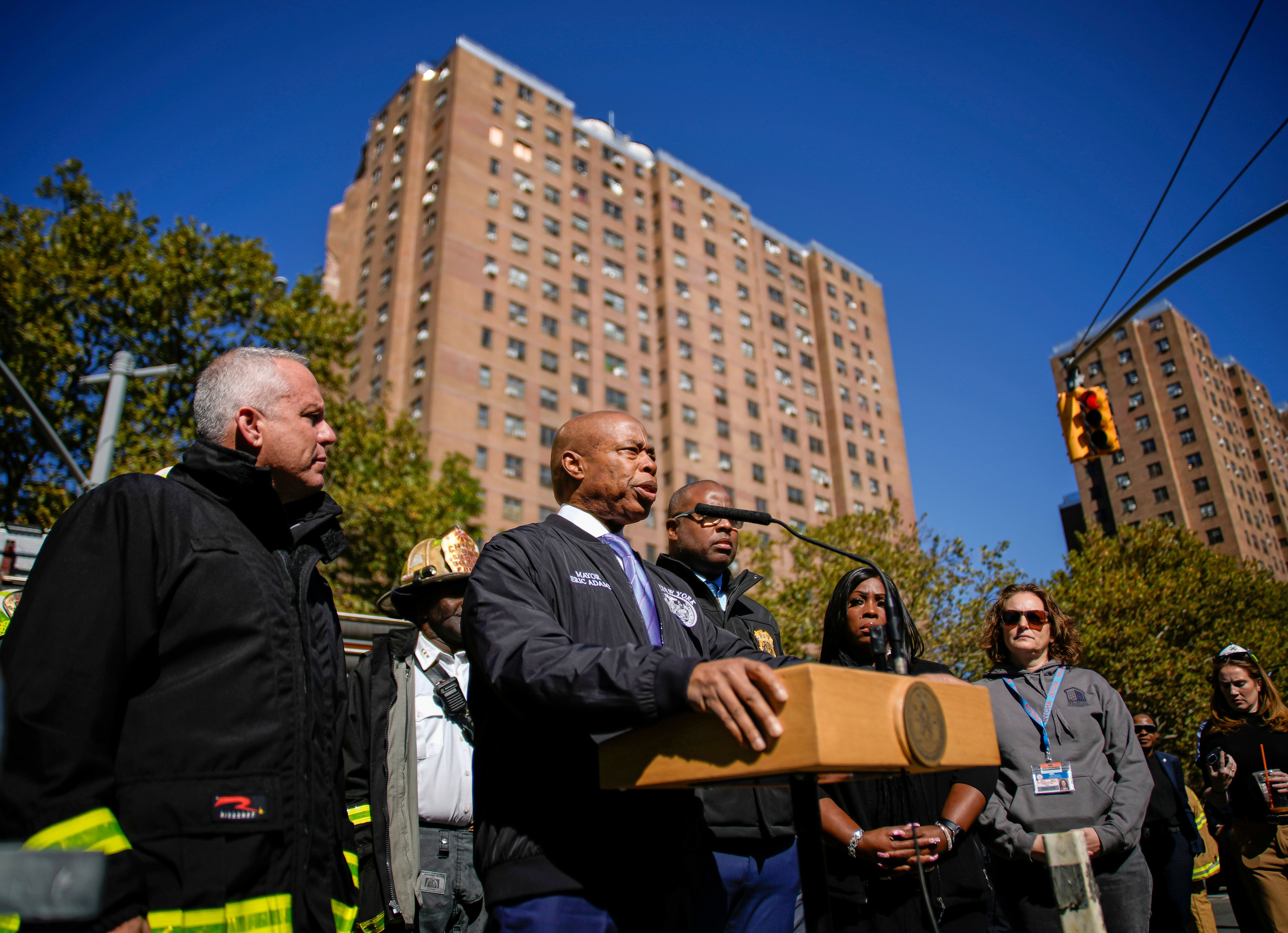 New York City Mayor Eric Adams speaks during a news conference after the incinerator shaft of a building collapsed