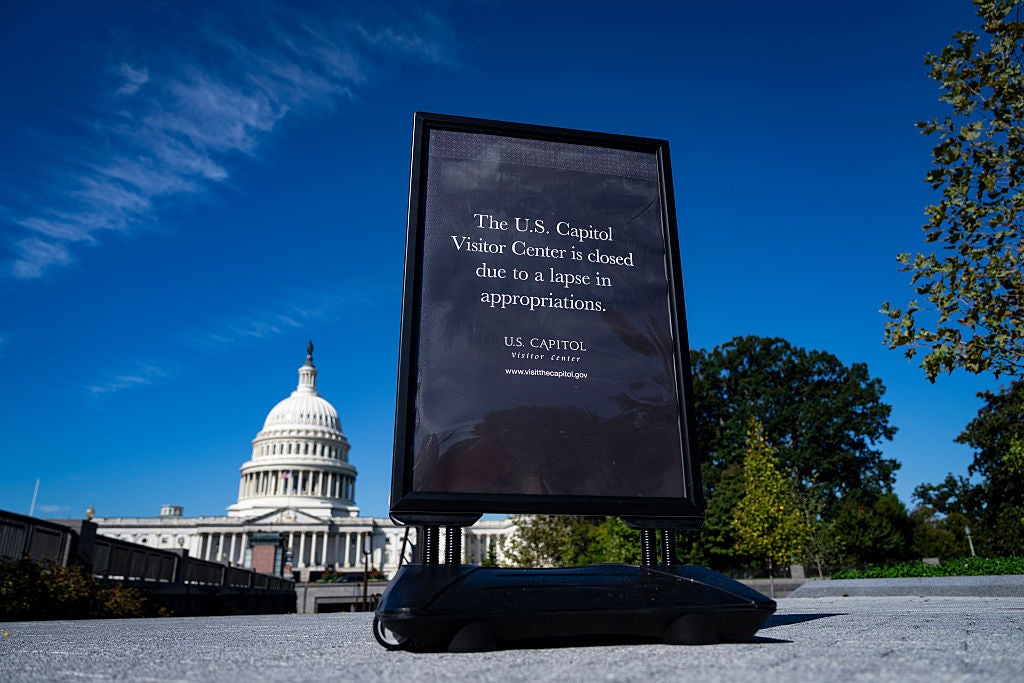 A sign indicating that the U.S. Capitol Visitor Center is closed due to the government shutdown, on October 1, 2025 in Washington, DC. Congress could not agree on a budget to fund government at midnight, causing the first shutdown since 2018