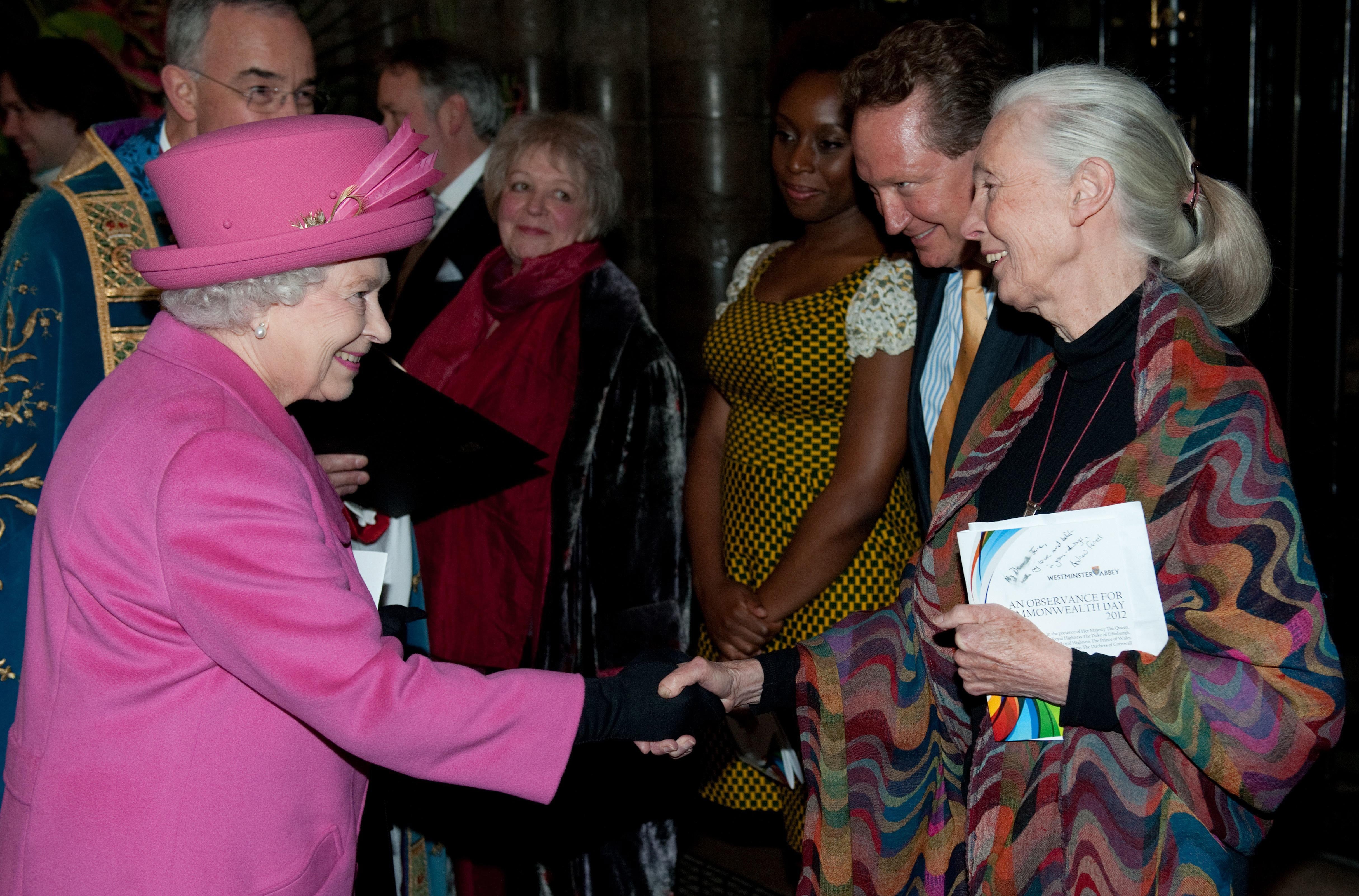 The chimpanzee expert shaking hands with Queen Elizabeth II in 2012