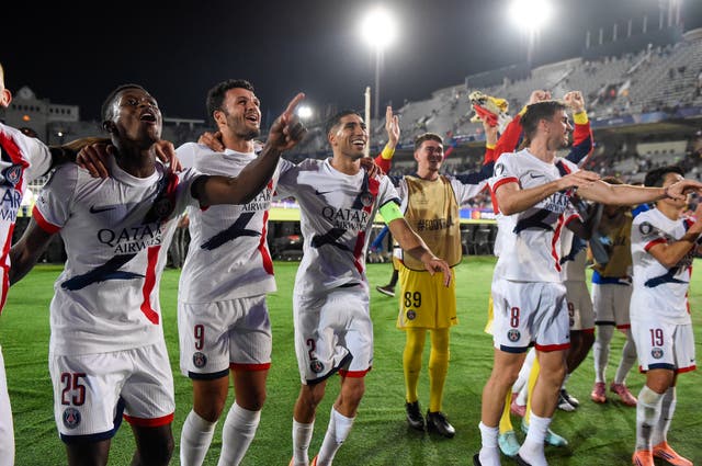 <p>PSG celebrated their late win at Barcelona</p>