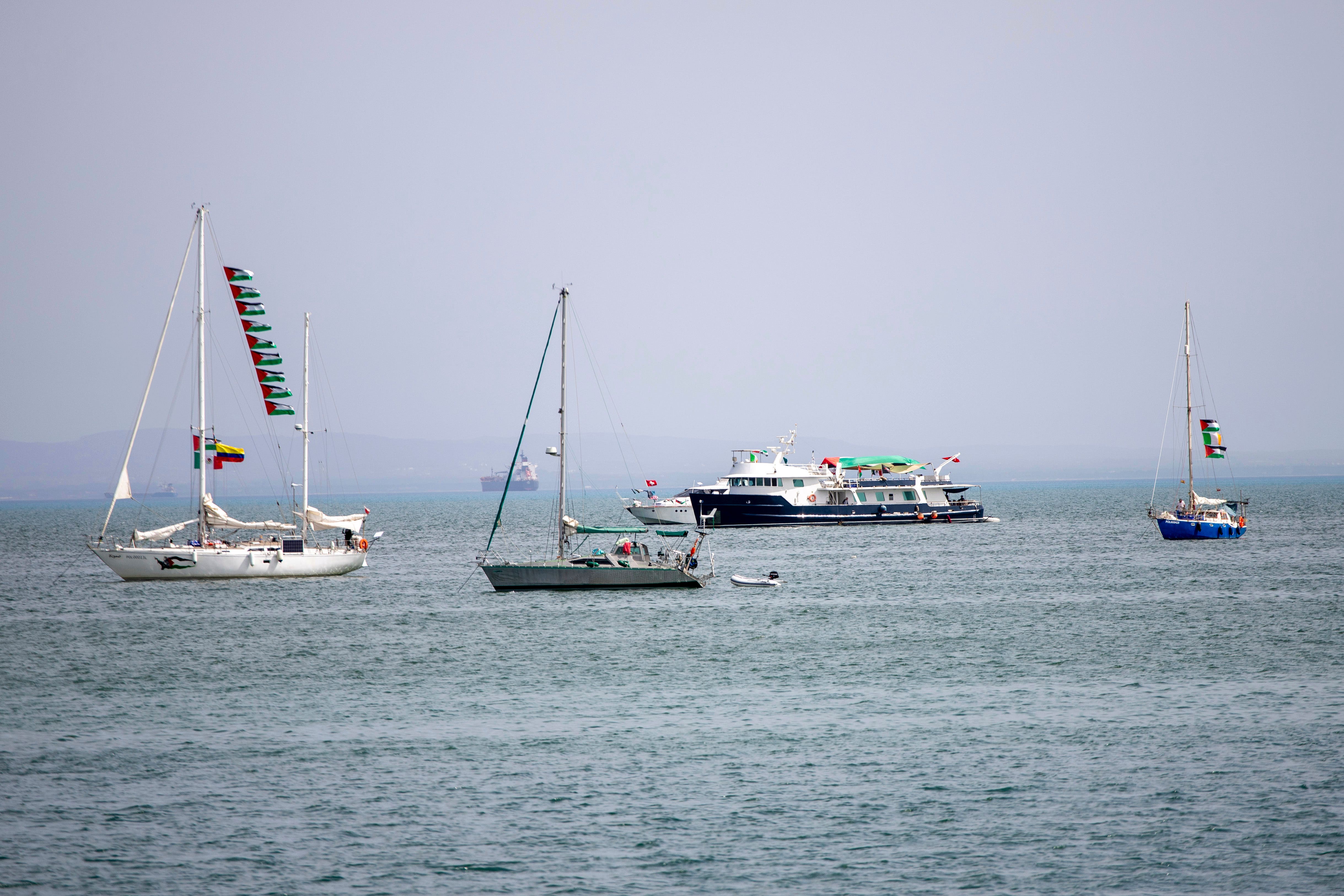 Ships that are part of the Global Sumud Flotilla heading to Gaza anchored off the coast of Sidi Bou Said in Tunis, Tunisia, in September (Anis Mili/AP)