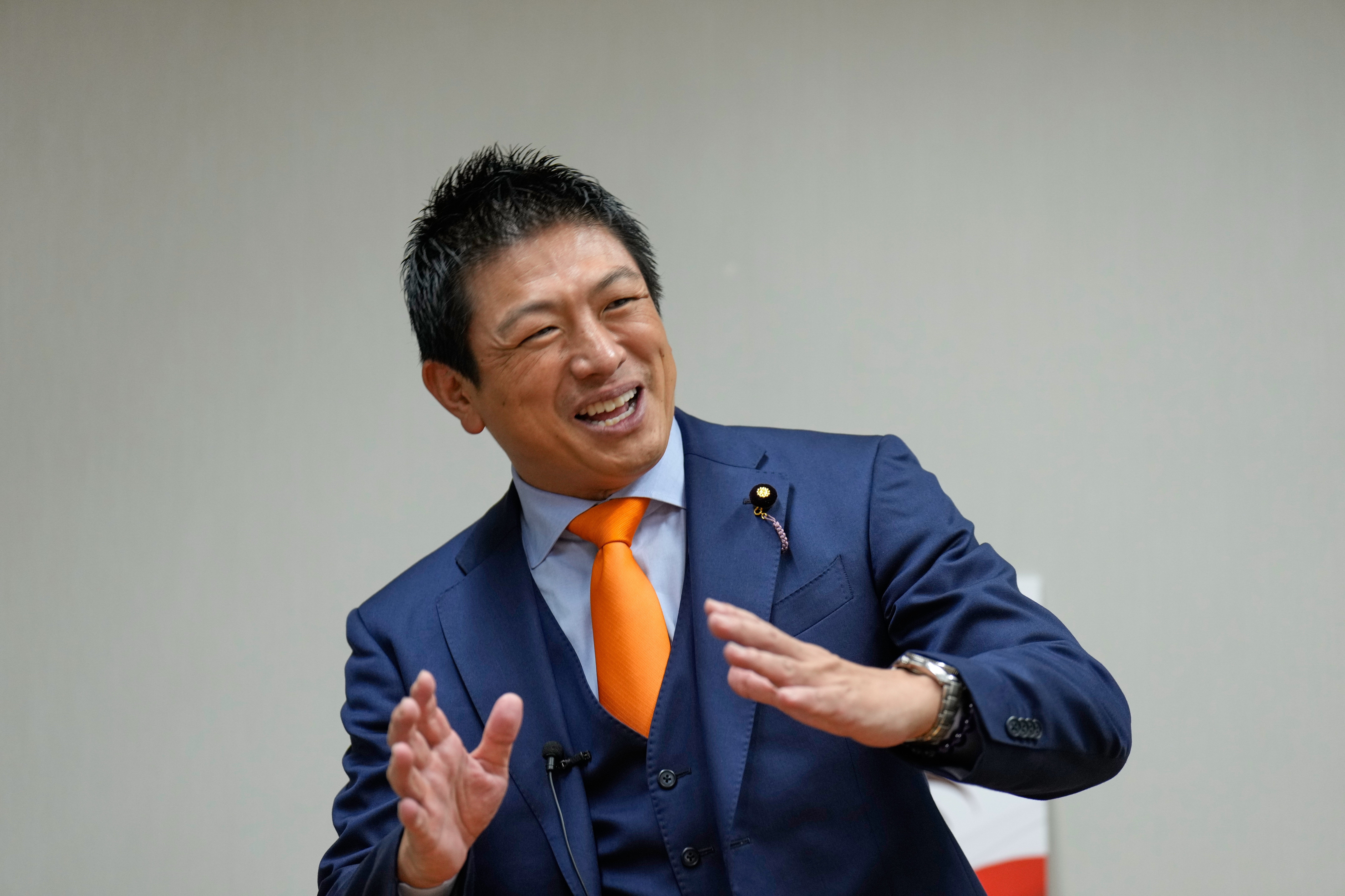 Sohei Kamiya, leader of a surging nationalist party Sanseito, speaks during an interview with the Associated Press at his party's headquarter on Sept. 2, 2025, in Tokyo. (AP Photo/Eugene Hoshiko)