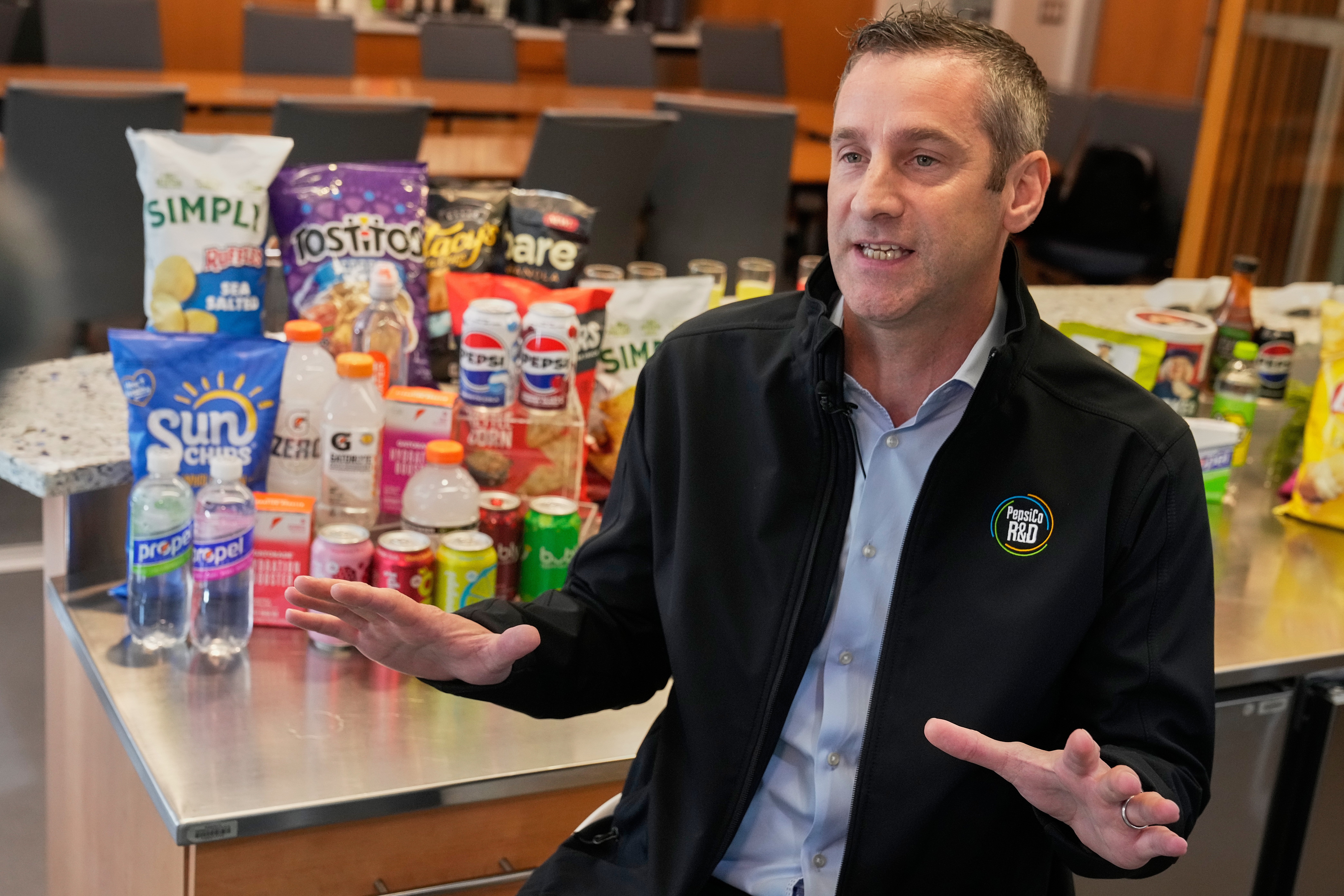 Damien Browne, vice president of research and development for PepsiCo's beverages, is interviewed at the company's R&D Campus, in Valhalla, NY, Friday, Sept. 19, 2025. (AP Photo/Richard Drew)