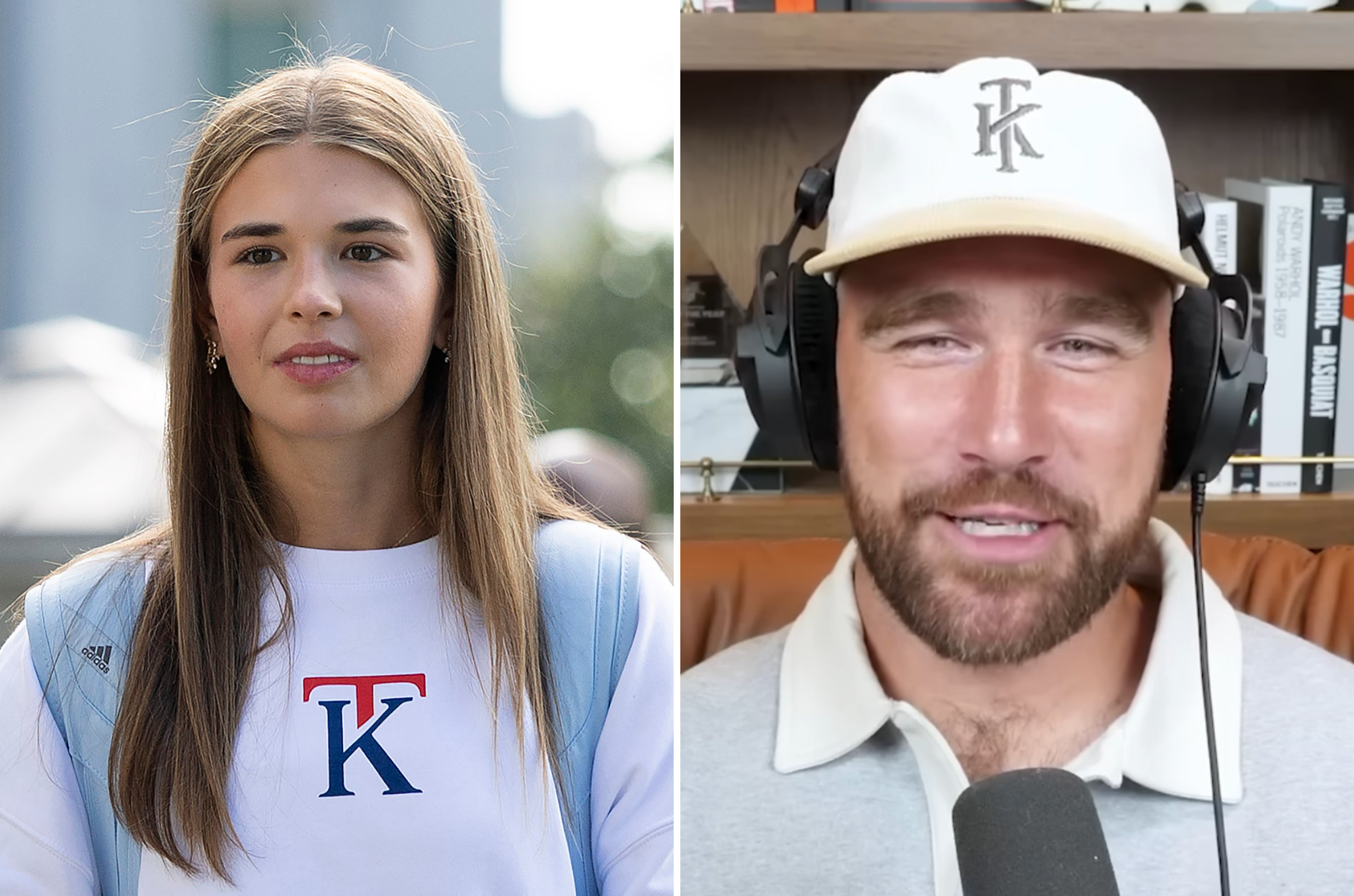 Donald Trump's eldest grandchild, Kai (left) launched new merch with a logo similar to Travis Kelce's (right) partnership with American Eagle