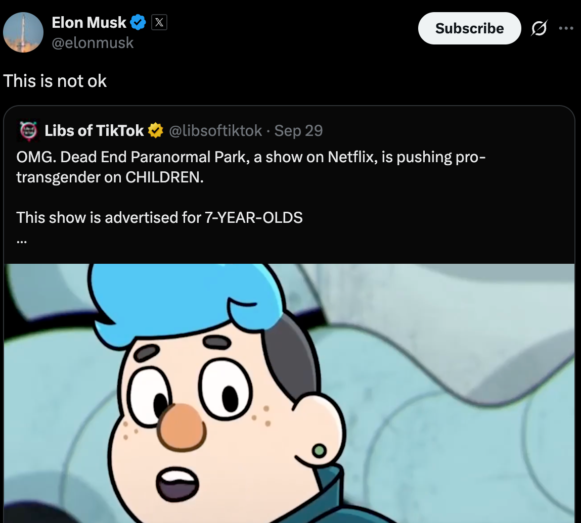 Elon Musk has claimed that a show featuring a transgender character is 'not okay' and has called for a boycott of Netflix
