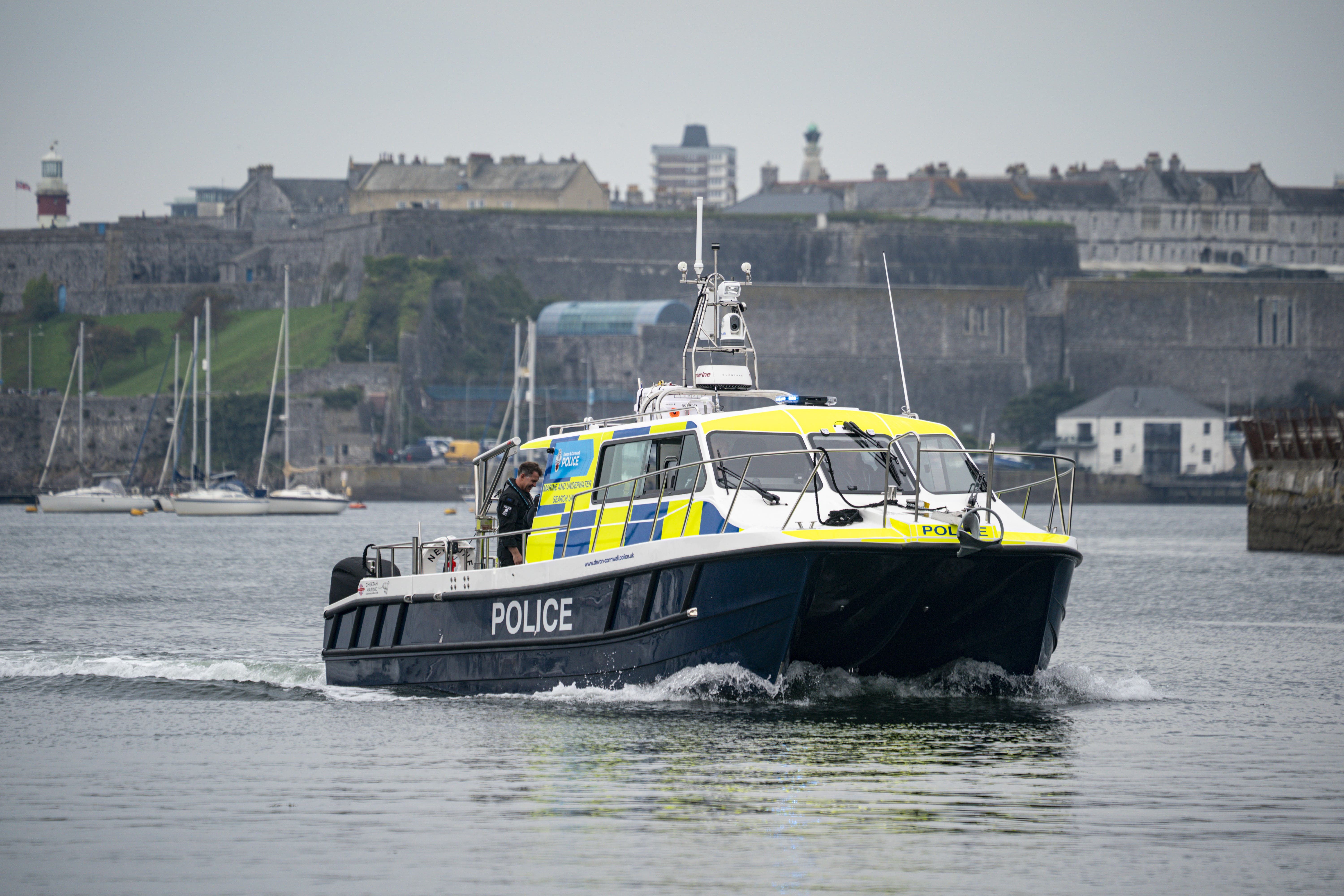 Neptune, the first boat purpose-built and fitted out to Devon and Cornwall Police specification, at Turnchapel Wharf, in Plymouth (Ben Birchall/PA)