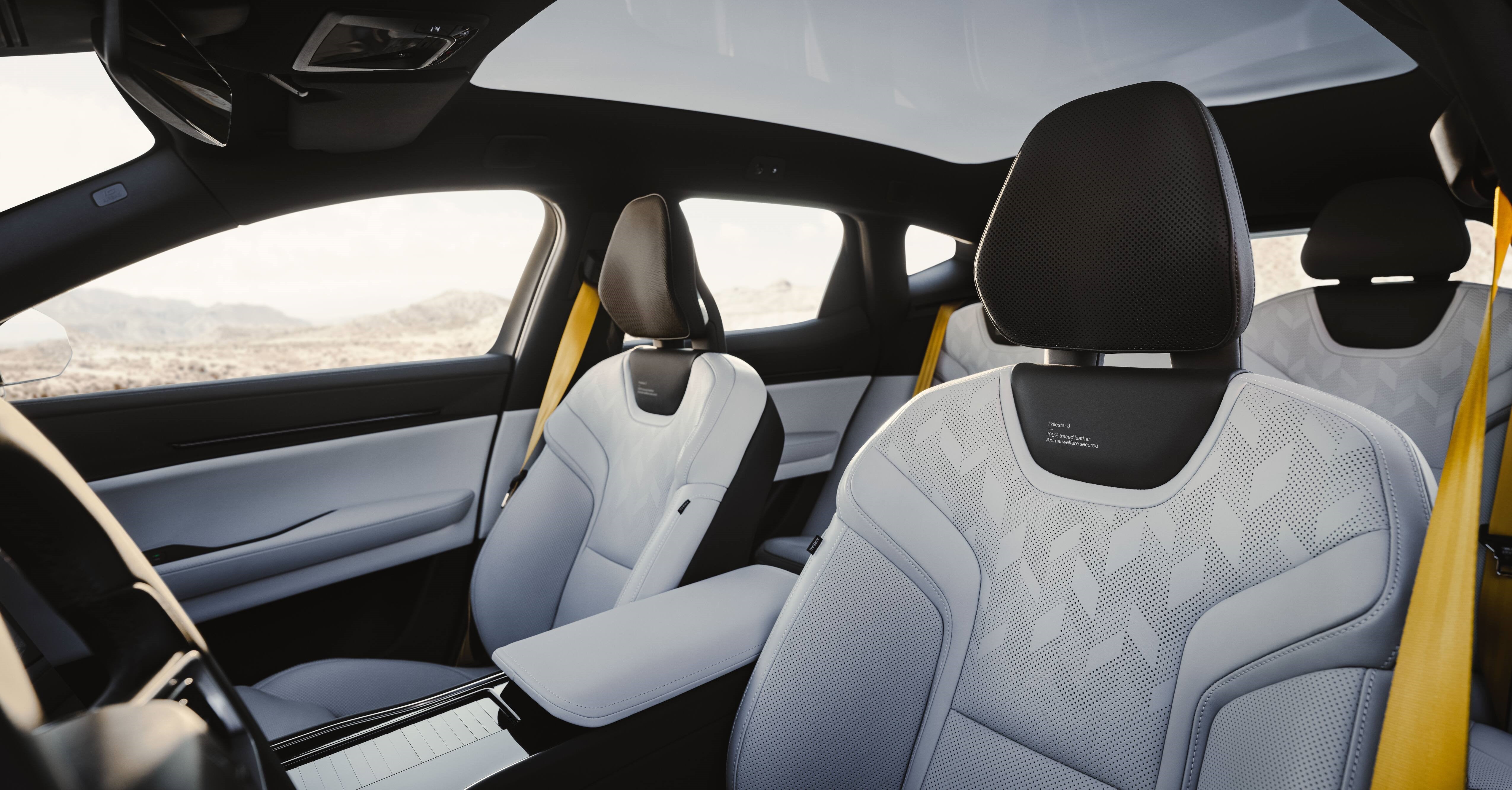 New sustainable materials and different coloured seatbelts mark out the new Polestar 3 inside
