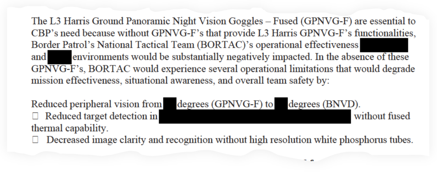 A partially redacted snippet from theU.S. Customs and Border Protection ‘J&A’ for L3 Harris night vision goggles