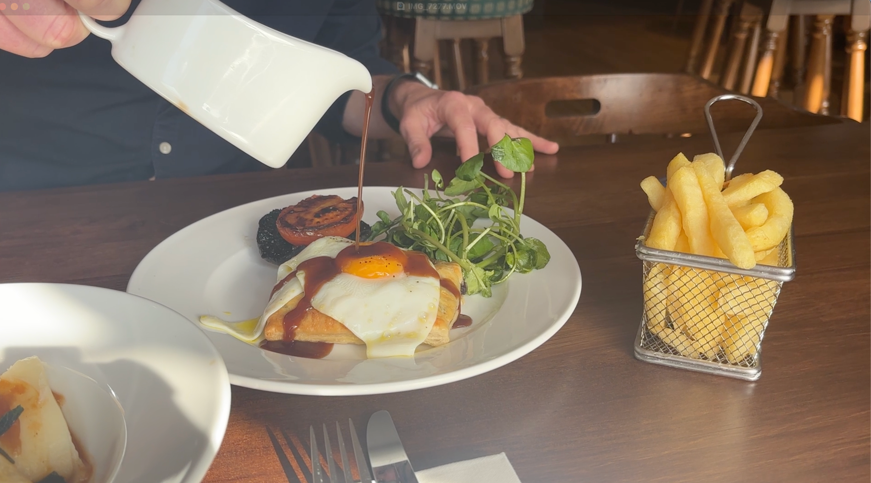 A steak bake mixed grill (£12.50) which consists of Greggs' popular pasty, a fried egg draped over the top, a side order of chips and a grilled tomato